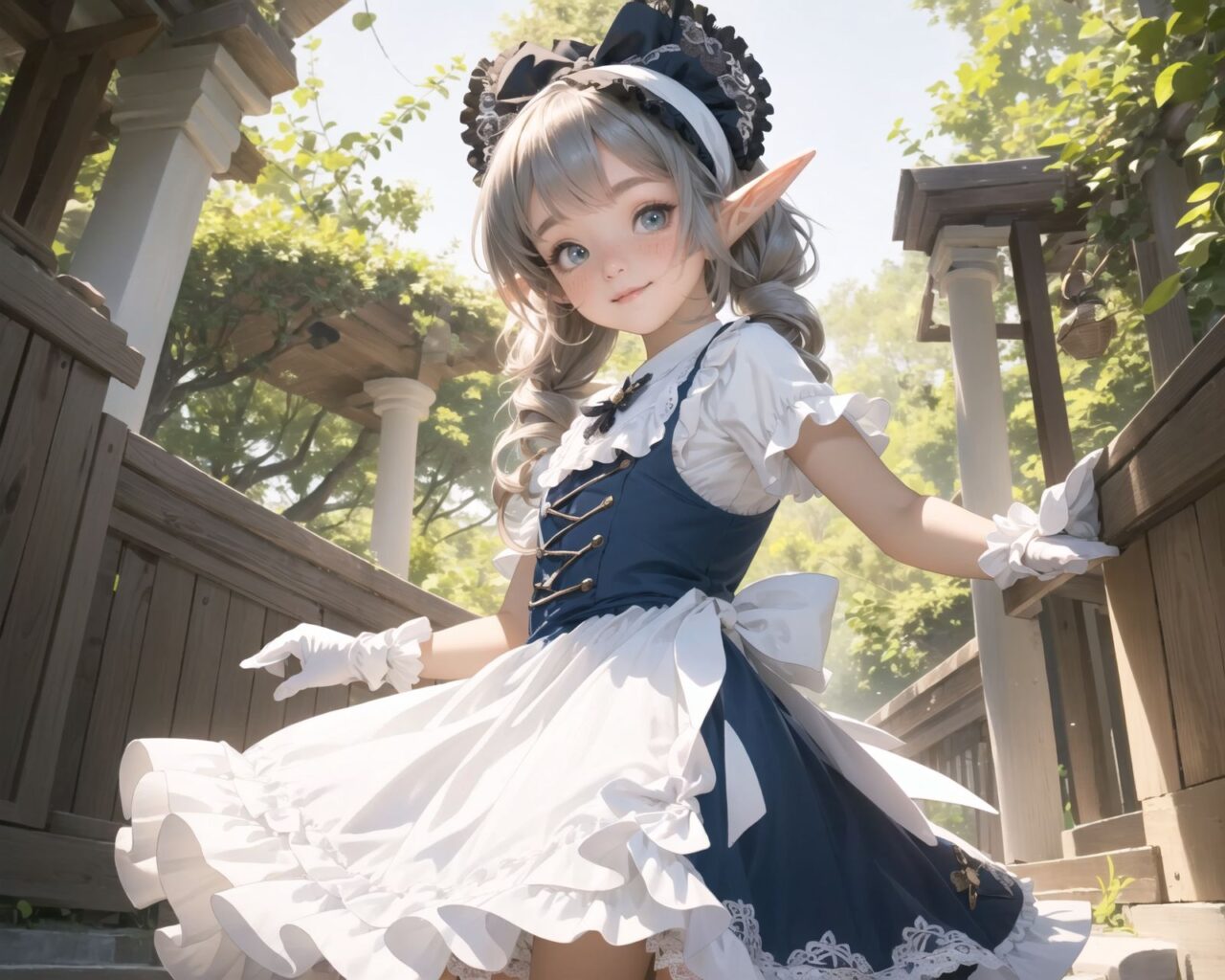 (four Adorable and charming lolita elf girls:1.6), 
innocent and youthful expression, gentle smile with soft blushing cheeks, shy yet endearing demeanor,

cute and embarrassed idol smile,

deep dark blue-green eyes sparkling with purity,
silvery hair, stylishly cut short, delicately flowing strands,

facing the camera, making eye contact, exuding childlike wonder,

cute and natural posture, youthful and graceful,

flirtatious and innocent eyes, perfect blend of innocence and enchantment,
quintessential kawaii girl,
elegant Lolita fashion with black and white lace, intricate patterns, ribbons, and frills, over-the-knee socks, frilly headband, petticoat for extra volume, lace gloves, apron with frills, and frilled short boots, fresh and pure poses, radiating natural charm,

(low angle shot emphasizing her kawaii appeal and highlighting the delicate textures of her hair and clothes:1.2),
natural lighting casting soft shadows, enhancing the youthful contours of her face,

sharp focus,

high resolution, vivid and detailed,
professional quality, vibrant colors,

ultra-high resolution capturing every detail from the individual strands of her hair to the intricate lace and fabrics of her costume,
professional-grade clarity and contrast bringing vibrant colors to life,