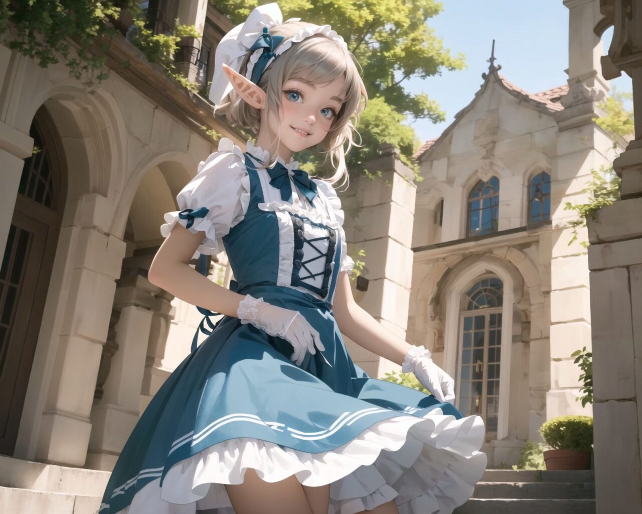 (four Adorable and charming lolita elf girls:1.6), 
innocent and youthful expression, gentle smile with soft blushing cheeks, shy yet endearing demeanor,

cute and embarrassed idol smile,

deep dark blue-green eyes sparkling with purity,
silvery hair, stylishly cut short, delicately flowing strands,

facing the camera, making eye contact, exuding childlike wonder,

cute and natural posture, youthful and graceful,

flirtatious and innocent eyes, perfect blend of innocence and enchantment,
quintessential kawaii girl,
elegant Lolita fashion with black and white lace, intricate patterns, ribbons, and frills, over-the-knee socks, frilly headband, petticoat for extra volume, lace gloves, apron with frills, and frilled short boots, fresh and pure poses, radiating natural charm,

(low angle shot emphasizing her kawaii appeal and highlighting the delicate textures of her hair and clothes:1.2),
natural lighting casting soft shadows, enhancing the youthful contours of her face,

sharp focus,

high resolution, vivid and detailed,
professional quality, vibrant colors,

ultra-high resolution capturing every detail from the individual strands of her hair to the intricate lace and fabrics of her costume,
professional-grade clarity and contrast bringing vibrant colors to life,