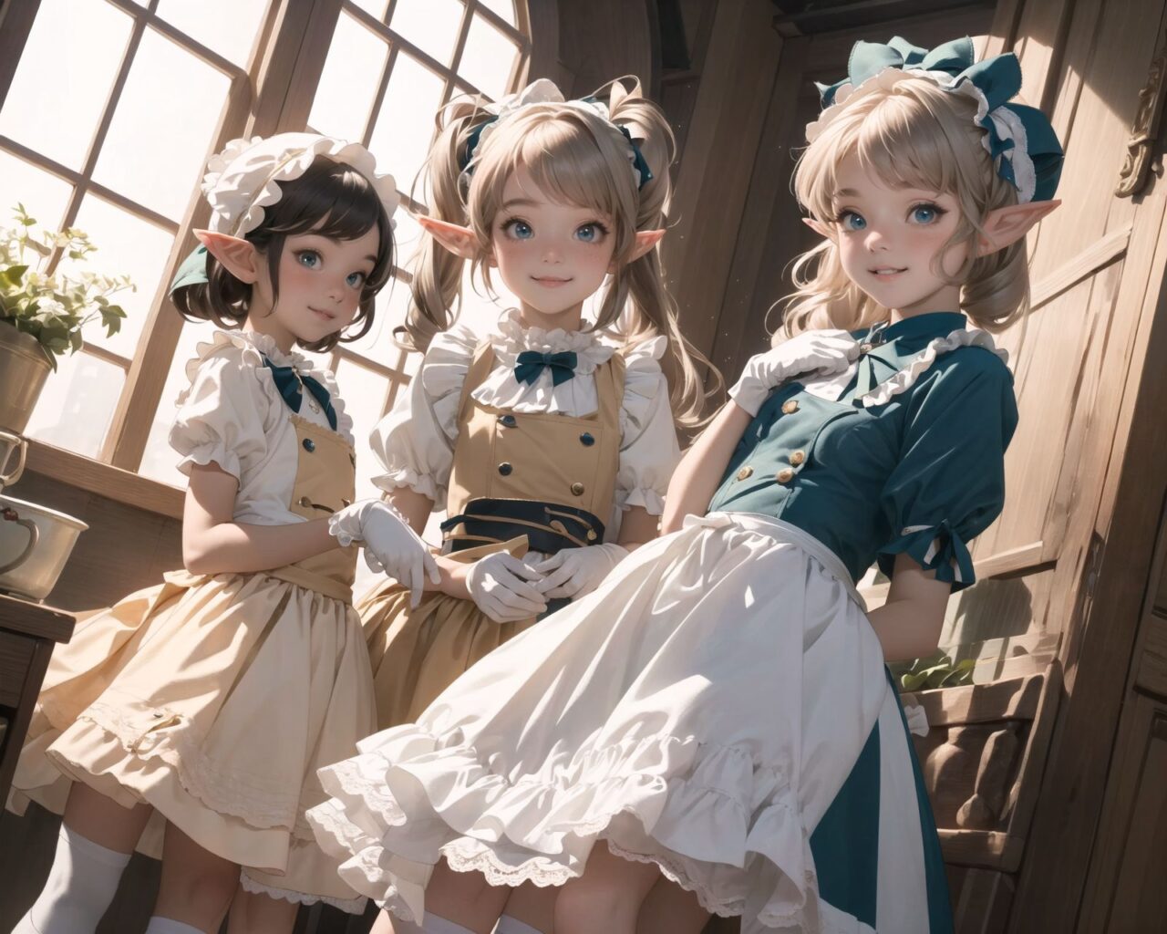 (four Adorable and charming lolita elf girls:1.6), 
innocent and youthful expression, gentle smile with soft blushing cheeks, shy yet endearing demeanor,

cute and embarrassed idol smile,

deep dark blue-green eyes sparkling with purity,
silvery hair, stylishly cut short, delicately flowing strands,

facing the camera, making eye contact, exuding childlike wonder,

cute and natural posture, youthful and graceful,

flirtatious and innocent eyes, perfect blend of innocence and enchantment,
quintessential kawaii girl,
elegant Lolita fashion with black and white lace, intricate patterns, ribbons, and frills, over-the-knee socks, frilly headband, petticoat for extra volume, lace gloves, apron with frills, and frilled short boots, fresh and pure poses, radiating natural charm,

(low angle shot emphasizing her kawaii appeal and highlighting the delicate textures of her hair and clothes:1.2),
natural lighting casting soft shadows, enhancing the youthful contours of her face,

sharp focus,

high resolution, vivid and detailed,
professional quality, vibrant colors,

ultra-high resolution capturing every detail from the individual strands of her hair to the intricate lace and fabrics of her costume,
professional-grade clarity and contrast bringing vibrant colors to life,