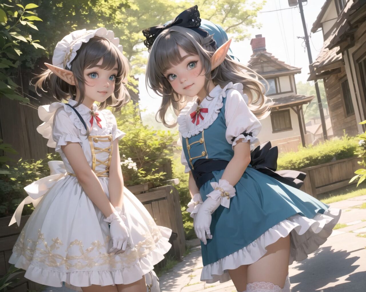 (four Adorable and charming lolita elf girls:1.6), 
innocent and youthful expression, gentle smile with soft blushing cheeks, shy yet endearing demeanor,

cute and embarrassed idol smile,

deep dark blue-green eyes sparkling with purity,
silvery hair, stylishly cut short, delicately flowing strands,

facing the camera, making eye contact, exuding childlike wonder,

cute and natural posture, youthful and graceful,

flirtatious and innocent eyes, perfect blend of innocence and enchantment,
quintessential kawaii girl,
elegant Lolita fashion with black and white lace, intricate patterns, ribbons, and frills, over-the-knee socks, frilly headband, petticoat for extra volume, lace gloves, apron with frills, and frilled short boots, fresh and pure poses, radiating natural charm,

(low angle shot emphasizing her kawaii appeal and highlighting the delicate textures of her hair and clothes:1.2),
natural lighting casting soft shadows, enhancing the youthful contours of her face,

sharp focus,

high resolution, vivid and detailed,
professional quality, vibrant colors,

ultra-high resolution capturing every detail from the individual strands of her hair to the intricate lace and fabrics of her costume,
professional-grade clarity and contrast bringing vibrant colors to life,