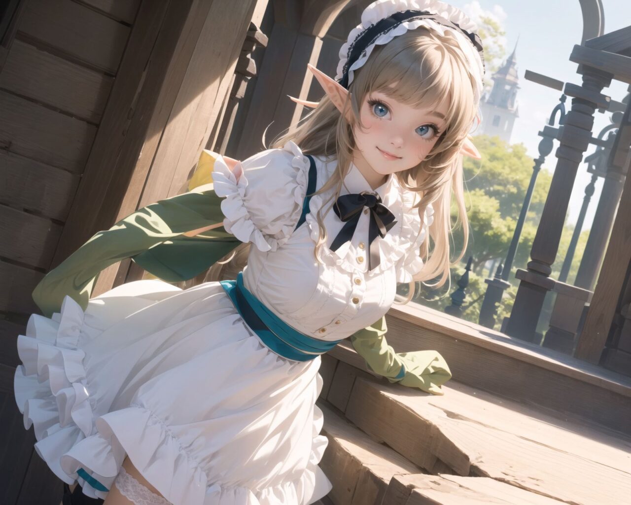 (four Adorable and charming lolita elf girls:1.6), 
innocent and youthful expression, gentle smile with soft blushing cheeks, shy yet endearing demeanor,

cute and embarrassed idol smile,

deep dark blue-green eyes sparkling with purity,
silvery hair, stylishly cut short, delicately flowing strands,

facing the camera, making eye contact, exuding childlike wonder,

cute and natural posture, youthful and graceful,

flirtatious and innocent eyes, perfect blend of innocence and enchantment,
quintessential kawaii girl,
elegant Lolita fashion with black and white lace, intricate patterns, ribbons, and frills, over-the-knee socks, frilly headband, petticoat for extra volume, lace gloves, apron with frills, and frilled short boots, fresh and pure poses, radiating natural charm,

(low angle shot emphasizing her kawaii appeal and highlighting the delicate textures of her hair and clothes:1.2),
natural lighting casting soft shadows, enhancing the youthful contours of her face,

sharp focus,

high resolution, vivid and detailed,
professional quality, vibrant colors,

ultra-high resolution capturing every detail from the individual strands of her hair to the intricate lace and fabrics of her costume,
professional-grade clarity and contrast bringing vibrant colors to life,