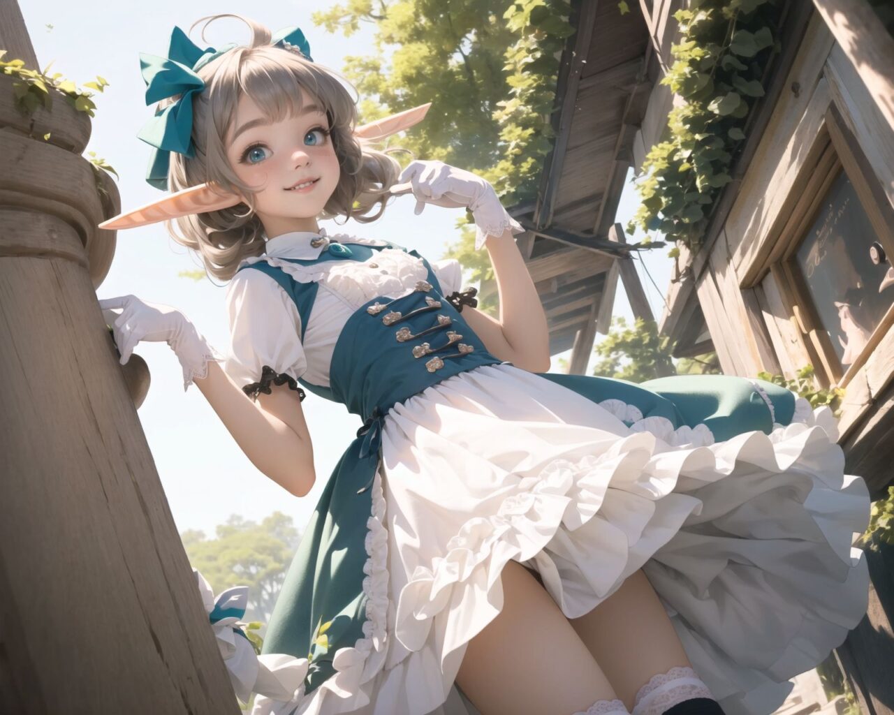 (four Adorable and charming lolita elf girls:1.6), 
innocent and youthful expression, gentle smile with soft blushing cheeks, shy yet endearing demeanor,

cute and embarrassed idol smile,

deep dark blue-green eyes sparkling with purity,
silvery hair, stylishly cut short, delicately flowing strands,

facing the camera, making eye contact, exuding childlike wonder,

cute and natural posture, youthful and graceful,

flirtatious and innocent eyes, perfect blend of innocence and enchantment,
quintessential kawaii girl,
elegant Lolita fashion with black and white lace, intricate patterns, ribbons, and frills, over-the-knee socks, frilly headband, petticoat for extra volume, lace gloves, apron with frills, and frilled short boots, fresh and pure poses, radiating natural charm,

(low angle shot emphasizing her kawaii appeal and highlighting the delicate textures of her hair and clothes:1.2),
natural lighting casting soft shadows, enhancing the youthful contours of her face,

sharp focus,

high resolution, vivid and detailed,
professional quality, vibrant colors,

ultra-high resolution capturing every detail from the individual strands of her hair to the intricate lace and fabrics of her costume,
professional-grade clarity and contrast bringing vibrant colors to life,