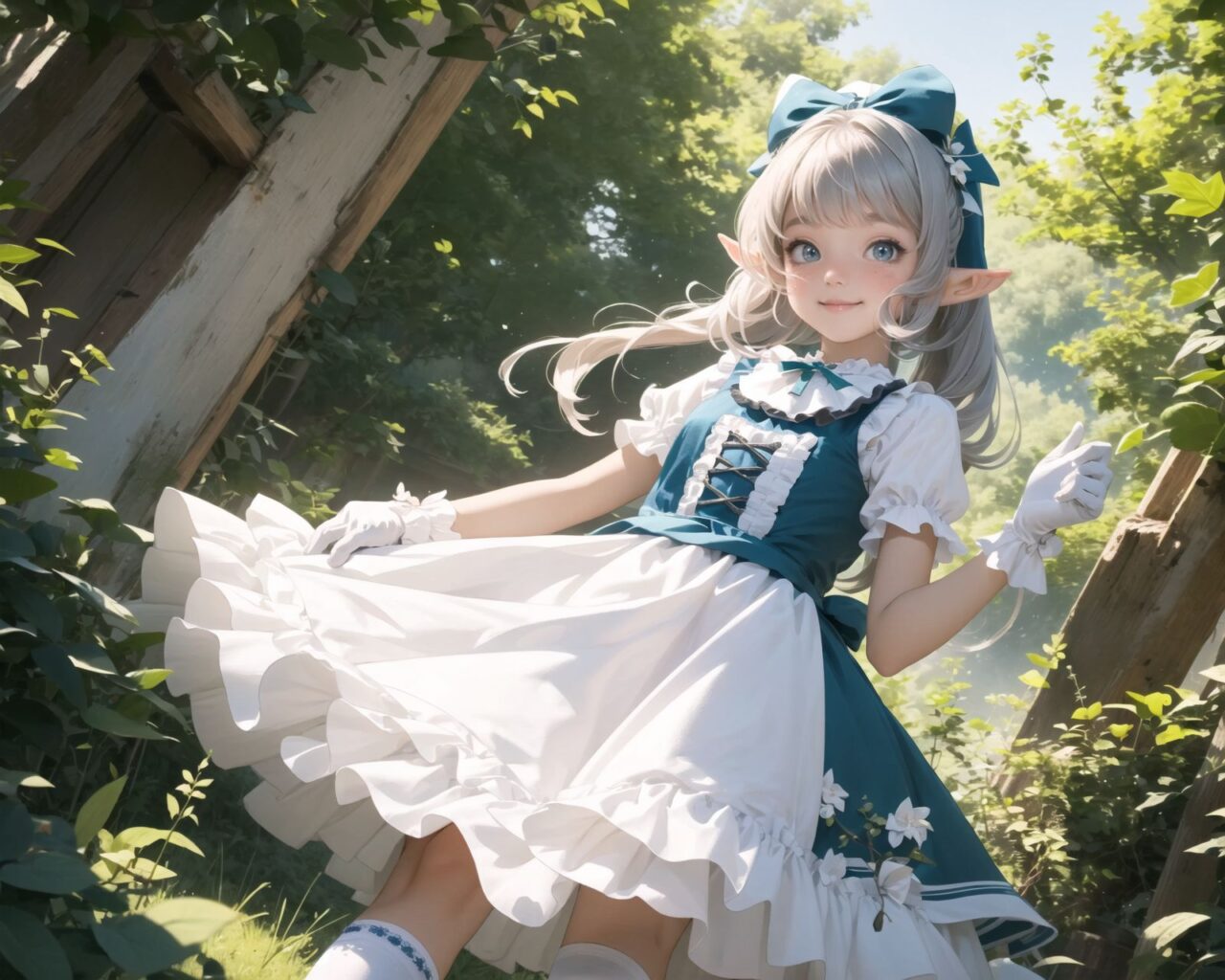 (four Adorable and charming lolita elf girls:1.6), 
innocent and youthful expression, gentle smile with soft blushing cheeks, shy yet endearing demeanor,

cute and embarrassed idol smile,

deep dark blue-green eyes sparkling with purity,
silvery hair, stylishly cut short, delicately flowing strands,

facing the camera, making eye contact, exuding childlike wonder,

cute and natural posture, youthful and graceful,

flirtatious and innocent eyes, perfect blend of innocence and enchantment,
quintessential kawaii girl,
elegant Lolita fashion with black and white lace, intricate patterns, ribbons, and frills, over-the-knee socks, frilly headband, petticoat for extra volume, lace gloves, apron with frills, and frilled short boots, fresh and pure poses, radiating natural charm,

(low angle shot emphasizing her kawaii appeal and highlighting the delicate textures of her hair and clothes:1.2),
natural lighting casting soft shadows, enhancing the youthful contours of her face,

sharp focus,

high resolution, vivid and detailed,
professional quality, vibrant colors,

ultra-high resolution capturing every detail from the individual strands of her hair to the intricate lace and fabrics of her costume,
professional-grade clarity and contrast bringing vibrant colors to life,