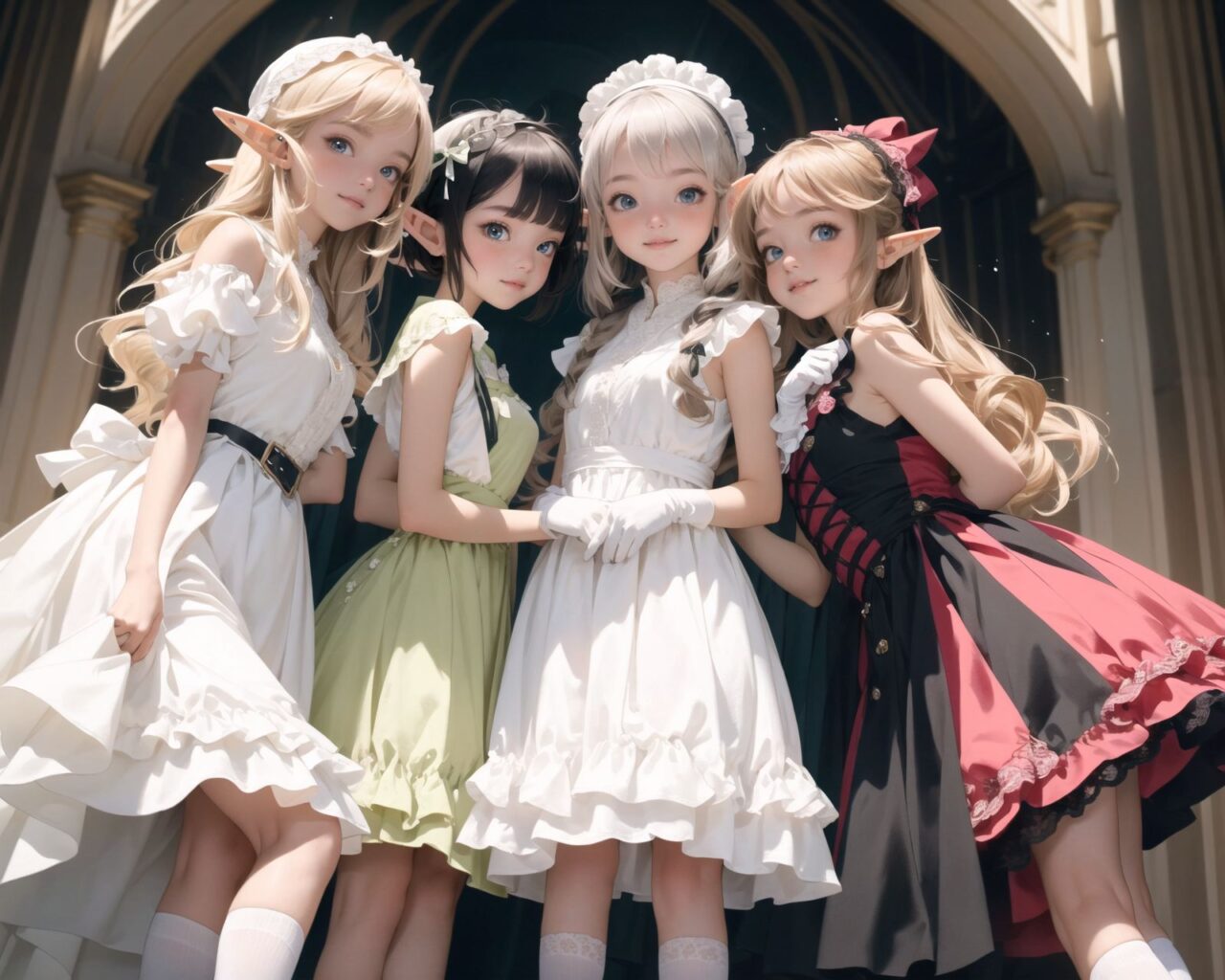 ((four elf girls,:1.4), Adorable and charming and lolita), 
innocent and yocuthful expression, gentle smile with soft blushing cheeks, shy yet endearing demeanor,

cute and embarrassed idol smile,

deep dark blue-green eyes sparkling with purity,
silvery hair, stylishly cut short, delicately flowing strands,

facing the camera, making eye contact, exuding childlike wonder,

cute and natural posture, youthful and graceful,

flirtatious and innocent eyes, perfect blend of innocence and enchantment,
quintessential kawaii girl,
elegant Lolita fashion with black and white lace, intricate patterns, ribbons, and frills, over-the-knee socks, frilly headband, petticoat for extra volume, lace gloves, apron with frills, and frilled short boots, fresh and pure poses, radiating natural charm,

(low angle shot emphasizing her kawaii appeal and highlighting the delicate textures of her hair and clothes:1.2),
natural lighting casting soft shadows, enhancing the youthful contours of her face,

sharp focus,

high resolution, vivid and detailed,
professional quality, vibrant colors,

ultra-high resolution capturing every detail from the individual strands of her hair to the intricate lace and fabrics of her costume,
professional-grade clarity and contrast bringing vibrant colors to life,