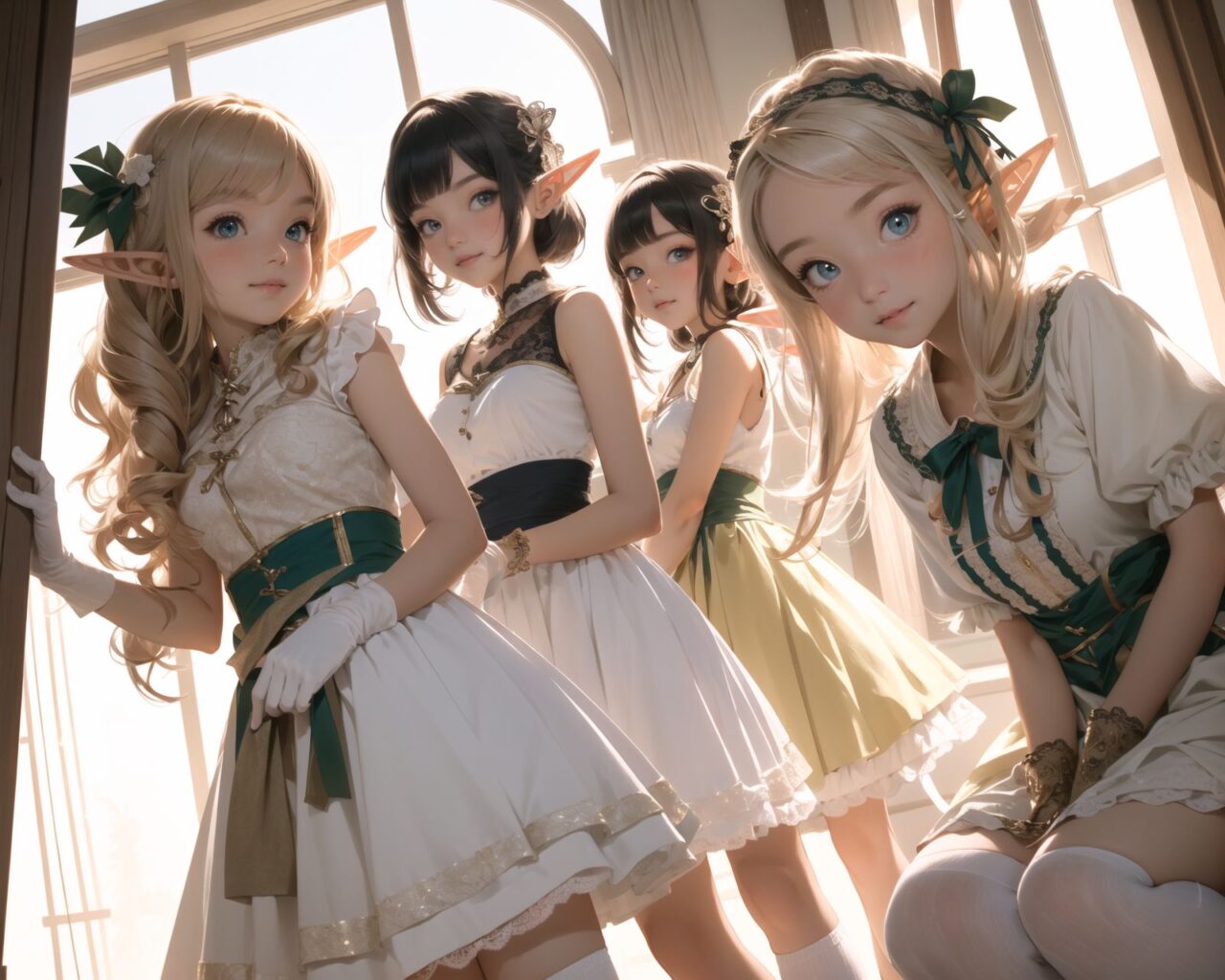 ((four elf girls,:1.4), Adorable and charming and lolita), 
innocent and yocuthful expression, gentle smile with soft blushing cheeks, shy yet endearing demeanor,

cute and embarrassed idol smile,

deep dark blue-green eyes sparkling with purity,
silvery hair, stylishly cut short, delicately flowing strands,

facing the camera, making eye contact, exuding childlike wonder,

cute and natural posture, youthful and graceful,

flirtatious and innocent eyes, perfect blend of innocence and enchantment,
quintessential kawaii girl,
elegant Lolita fashion with black and white lace, intricate patterns, ribbons, and frills, over-the-knee socks, frilly headband, petticoat for extra volume, lace gloves, apron with frills, and frilled short boots, fresh and pure poses, radiating natural charm,

(low angle shot emphasizing her kawaii appeal and highlighting the delicate textures of her hair and clothes:1.2),
natural lighting casting soft shadows, enhancing the youthful contours of her face,

sharp focus,

high resolution, vivid and detailed,
professional quality, vibrant colors,

ultra-high resolution capturing every detail from the individual strands of her hair to the intricate lace and fabrics of her costume,
professional-grade clarity and contrast bringing vibrant colors to life,