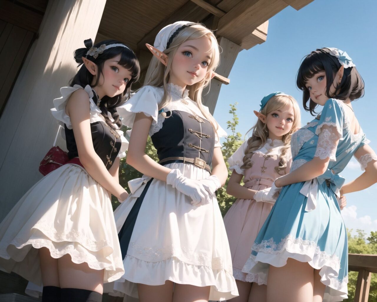 ((four elf girls,:1.4), Adorable and charming and lolita), 
innocent and yocuthful expression, gentle smile with soft blushing cheeks, shy yet endearing demeanor,

cute and embarrassed idol smile,

deep dark blue-green eyes sparkling with purity,
silvery hair, stylishly cut short, delicately flowing strands,

facing the camera, making eye contact, exuding childlike wonder,

cute and natural posture, youthful and graceful,

flirtatious and innocent eyes, perfect blend of innocence and enchantment,
quintessential kawaii girl,
elegant Lolita fashion with black and white lace, intricate patterns, ribbons, and frills, over-the-knee socks, frilly headband, petticoat for extra volume, lace gloves, apron with frills, and frilled short boots, fresh and pure poses, radiating natural charm,

(low angle shot emphasizing her kawaii appeal and highlighting the delicate textures of her hair and clothes:1.2),
natural lighting casting soft shadows, enhancing the youthful contours of her face,

sharp focus,

high resolution, vivid and detailed,
professional quality, vibrant colors,

ultra-high resolution capturing every detail from the individual strands of her hair to the intricate lace and fabrics of her costume,
professional-grade clarity and contrast bringing vibrant colors to life,