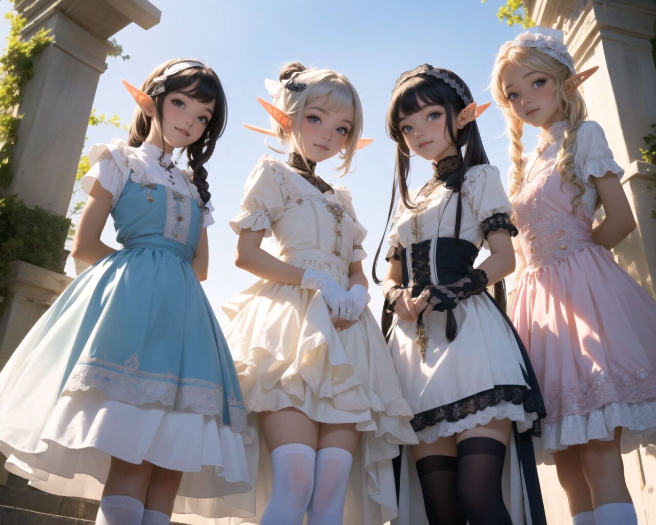 ((four elf girls,:1.4), Adorable and charming and lolita), 
innocent and yocuthful expression, gentle smile with soft blushing cheeks, shy yet endearing demeanor,

cute and embarrassed idol smile,

deep dark blue-green eyes sparkling with purity,
silvery hair, stylishly cut short, delicately flowing strands,

facing the camera, making eye contact, exuding childlike wonder,

cute and natural posture, youthful and graceful,

flirtatious and innocent eyes, perfect blend of innocence and enchantment,
quintessential kawaii girl,
elegant Lolita fashion with black and white lace, intricate patterns, ribbons, and frills, over-the-knee socks, frilly headband, petticoat for extra volume, lace gloves, apron with frills, and frilled short boots, fresh and pure poses, radiating natural charm,

(low angle shot emphasizing her kawaii appeal and highlighting the delicate textures of her hair and clothes:1.2),
natural lighting casting soft shadows, enhancing the youthful contours of her face,

sharp focus,

high resolution, vivid and detailed,
professional quality, vibrant colors,

ultra-high resolution capturing every detail from the individual strands of her hair to the intricate lace and fabrics of her costume,
professional-grade clarity and contrast bringing vibrant colors to life,