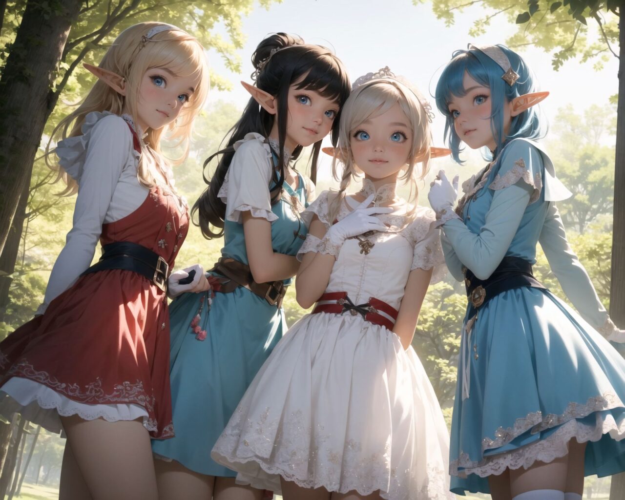 ((four elf girls,:1.4), Adorable and charming and lolita), 
innocent and yocuthful expression, gentle smile with soft blushing cheeks, shy yet endearing demeanor,

cute and embarrassed idol smile,

deep dark blue-green eyes sparkling with purity,
silvery hair, stylishly cut short, delicately flowing strands,

facing the camera, making eye contact, exuding childlike wonder,

cute and natural posture, youthful and graceful,

flirtatious and innocent eyes, perfect blend of innocence and enchantment,
quintessential kawaii girl,
elegant Lolita fashion with black and white lace, intricate patterns, ribbons, and frills, over-the-knee socks, frilly headband, petticoat for extra volume, lace gloves, apron with frills, and frilled short boots, fresh and pure poses, radiating natural charm,

(low angle shot emphasizing her kawaii appeal and highlighting the delicate textures of her hair and clothes:1.2),
natural lighting casting soft shadows, enhancing the youthful contours of her face,

sharp focus,

high resolution, vivid and detailed,
professional quality, vibrant colors,

ultra-high resolution capturing every detail from the individual strands of her hair to the intricate lace and fabrics of her costume,
professional-grade clarity and contrast bringing vibrant colors to life,