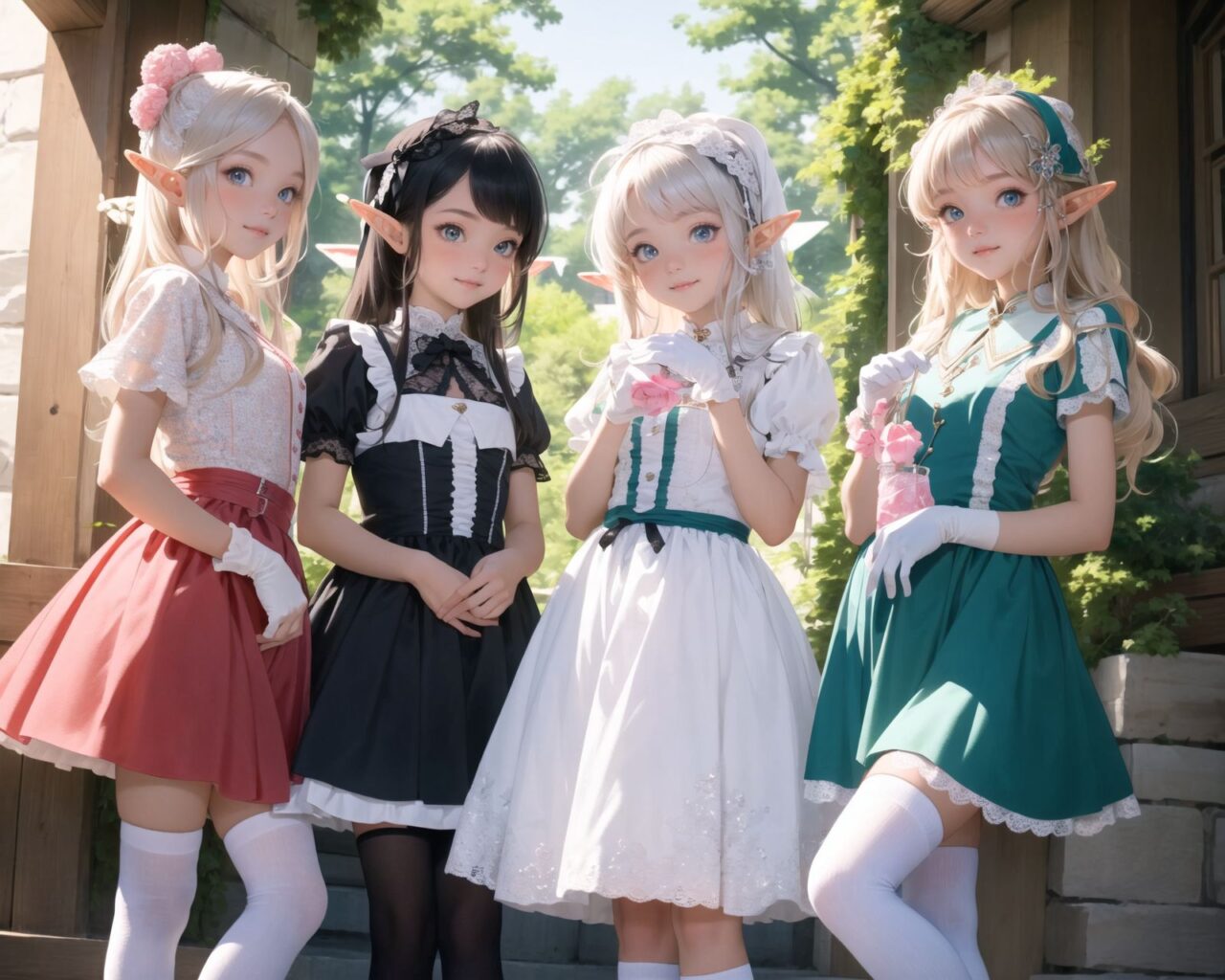 ((four elf girls,:1.4), Adorable and charming and lolita), 
innocent and yocuthful expression, gentle smile with soft blushing cheeks, shy yet endearing demeanor,

cute and embarrassed idol smile,

deep dark blue-green eyes sparkling with purity,
silvery hair, stylishly cut short, delicately flowing strands,

facing the camera, making eye contact, exuding childlike wonder,

cute and natural posture, youthful and graceful,

flirtatious and innocent eyes, perfect blend of innocence and enchantment,
quintessential kawaii girl,
elegant Lolita fashion with black and white lace, intricate patterns, ribbons, and frills, over-the-knee socks, frilly headband, petticoat for extra volume, lace gloves, apron with frills, and frilled short boots, fresh and pure poses, radiating natural charm,

(low angle shot emphasizing her kawaii appeal and highlighting the delicate textures of her hair and clothes:1.2),
natural lighting casting soft shadows, enhancing the youthful contours of her face,

sharp focus,

high resolution, vivid and detailed,
professional quality, vibrant colors,

ultra-high resolution capturing every detail from the individual strands of her hair to the intricate lace and fabrics of her costume,
professional-grade clarity and contrast bringing vibrant colors to life,