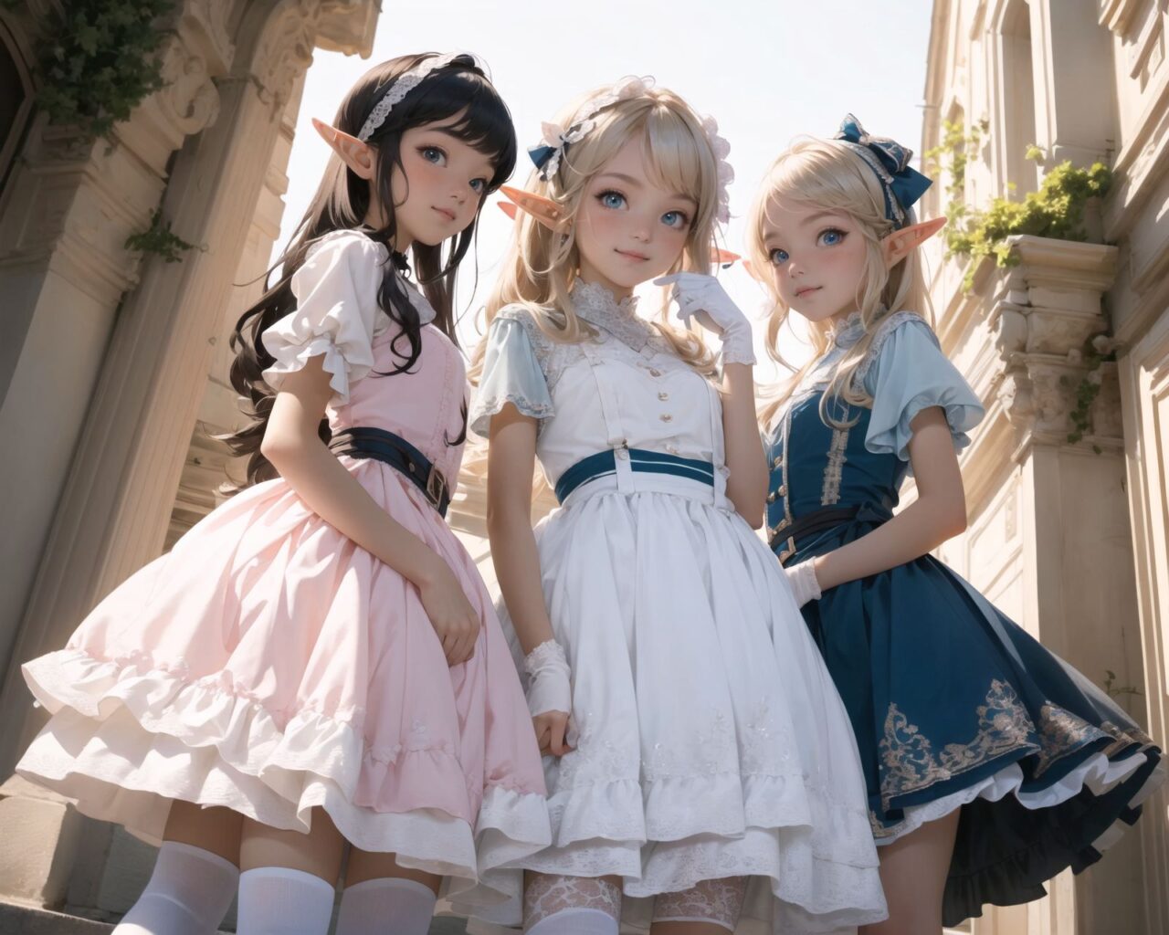 ((four elf girls,:1.4), Adorable and charming and lolita), 
innocent and yocuthful expression, gentle smile with soft blushing cheeks, shy yet endearing demeanor,

cute and embarrassed idol smile,

deep dark blue-green eyes sparkling with purity,
silvery hair, stylishly cut short, delicately flowing strands,

facing the camera, making eye contact, exuding childlike wonder,

cute and natural posture, youthful and graceful,

flirtatious and innocent eyes, perfect blend of innocence and enchantment,
quintessential kawaii girl,
elegant Lolita fashion with black and white lace, intricate patterns, ribbons, and frills, over-the-knee socks, frilly headband, petticoat for extra volume, lace gloves, apron with frills, and frilled short boots, fresh and pure poses, radiating natural charm,

(low angle shot emphasizing her kawaii appeal and highlighting the delicate textures of her hair and clothes:1.2),
natural lighting casting soft shadows, enhancing the youthful contours of her face,

sharp focus,

high resolution, vivid and detailed,
professional quality, vibrant colors,

ultra-high resolution capturing every detail from the individual strands of her hair to the intricate lace and fabrics of her costume,
professional-grade clarity and contrast bringing vibrant colors to life,