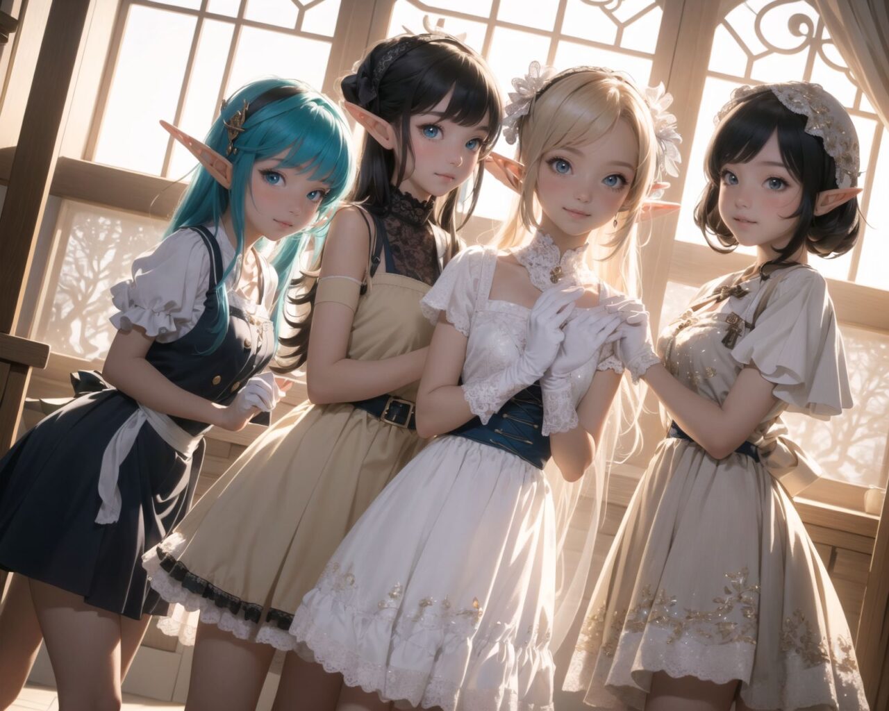 ((four elf girls,:1.4), Adorable and charming and lolita), 
innocent and yocuthful expression, gentle smile with soft blushing cheeks, shy yet endearing demeanor,

cute and embarrassed idol smile,

deep dark blue-green eyes sparkling with purity,
silvery hair, stylishly cut short, delicately flowing strands,

facing the camera, making eye contact, exuding childlike wonder,

cute and natural posture, youthful and graceful,

flirtatious and innocent eyes, perfect blend of innocence and enchantment,
quintessential kawaii girl,
elegant Lolita fashion with black and white lace, intricate patterns, ribbons, and frills, over-the-knee socks, frilly headband, petticoat for extra volume, lace gloves, apron with frills, and frilled short boots, fresh and pure poses, radiating natural charm,

(low angle shot emphasizing her kawaii appeal and highlighting the delicate textures of her hair and clothes:1.2),
natural lighting casting soft shadows, enhancing the youthful contours of her face,

sharp focus,

high resolution, vivid and detailed,
professional quality, vibrant colors,

ultra-high resolution capturing every detail from the individual strands of her hair to the intricate lace and fabrics of her costume,
professional-grade clarity and contrast bringing vibrant colors to life,