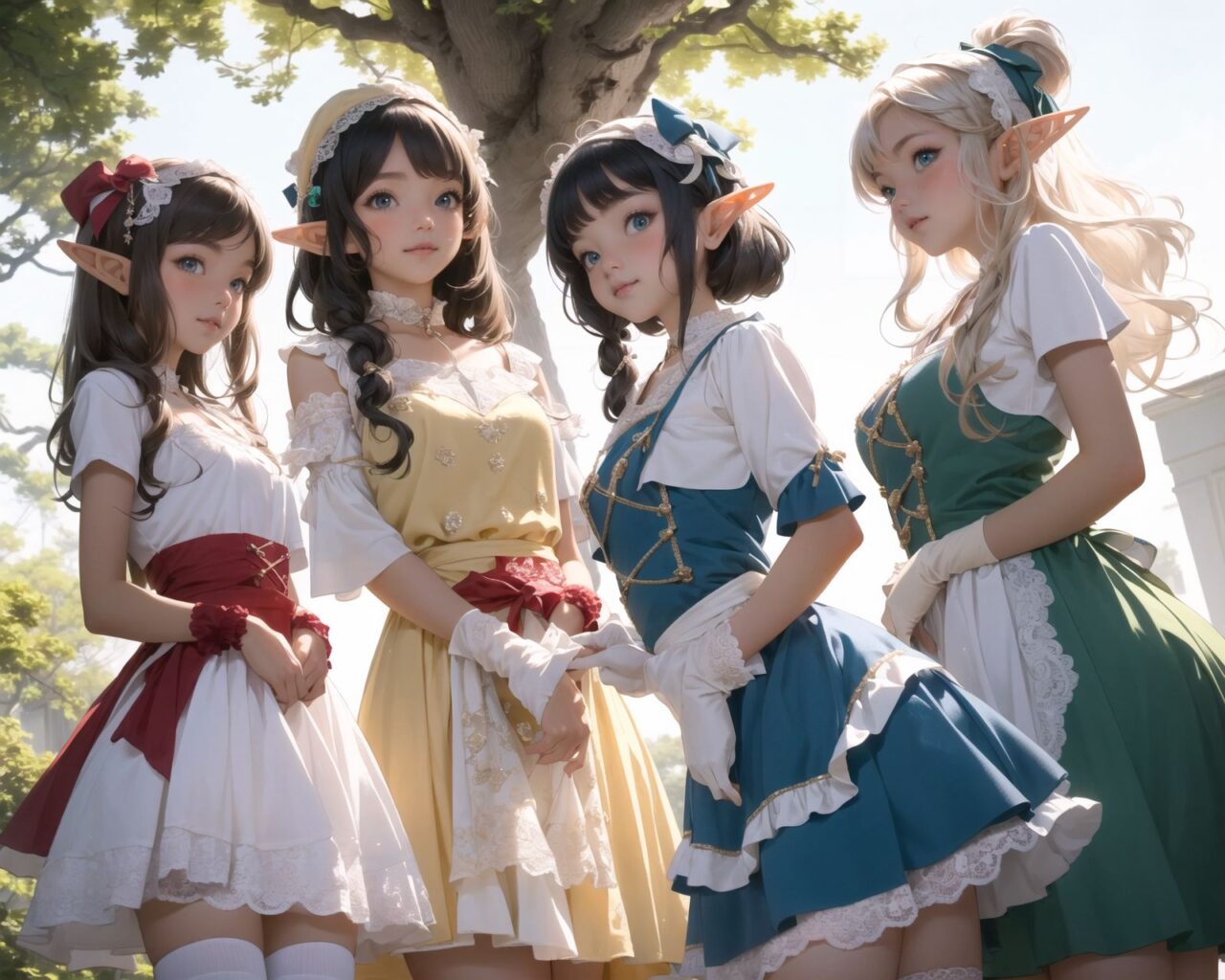 ((four elf girls,:1.4), Adorable and charming and lolita), 
innocent and yocuthful expression, gentle smile with soft blushing cheeks, shy yet endearing demeanor,

cute and embarrassed idol smile,

deep dark blue-green eyes sparkling with purity,
silvery hair, stylishly cut short, delicately flowing strands,

facing the camera, making eye contact, exuding childlike wonder,

cute and natural posture, youthful and graceful,

flirtatious and innocent eyes, perfect blend of innocence and enchantment,
quintessential kawaii girl,
elegant Lolita fashion with black and white lace, intricate patterns, ribbons, and frills, over-the-knee socks, frilly headband, petticoat for extra volume, lace gloves, apron with frills, and frilled short boots, fresh and pure poses, radiating natural charm,

(low angle shot emphasizing her kawaii appeal and highlighting the delicate textures of her hair and clothes:1.2),
natural lighting casting soft shadows, enhancing the youthful contours of her face,

sharp focus,

high resolution, vivid and detailed,
professional quality, vibrant colors,

ultra-high resolution capturing every detail from the individual strands of her hair to the intricate lace and fabrics of her costume,
professional-grade clarity and contrast bringing vibrant colors to life,