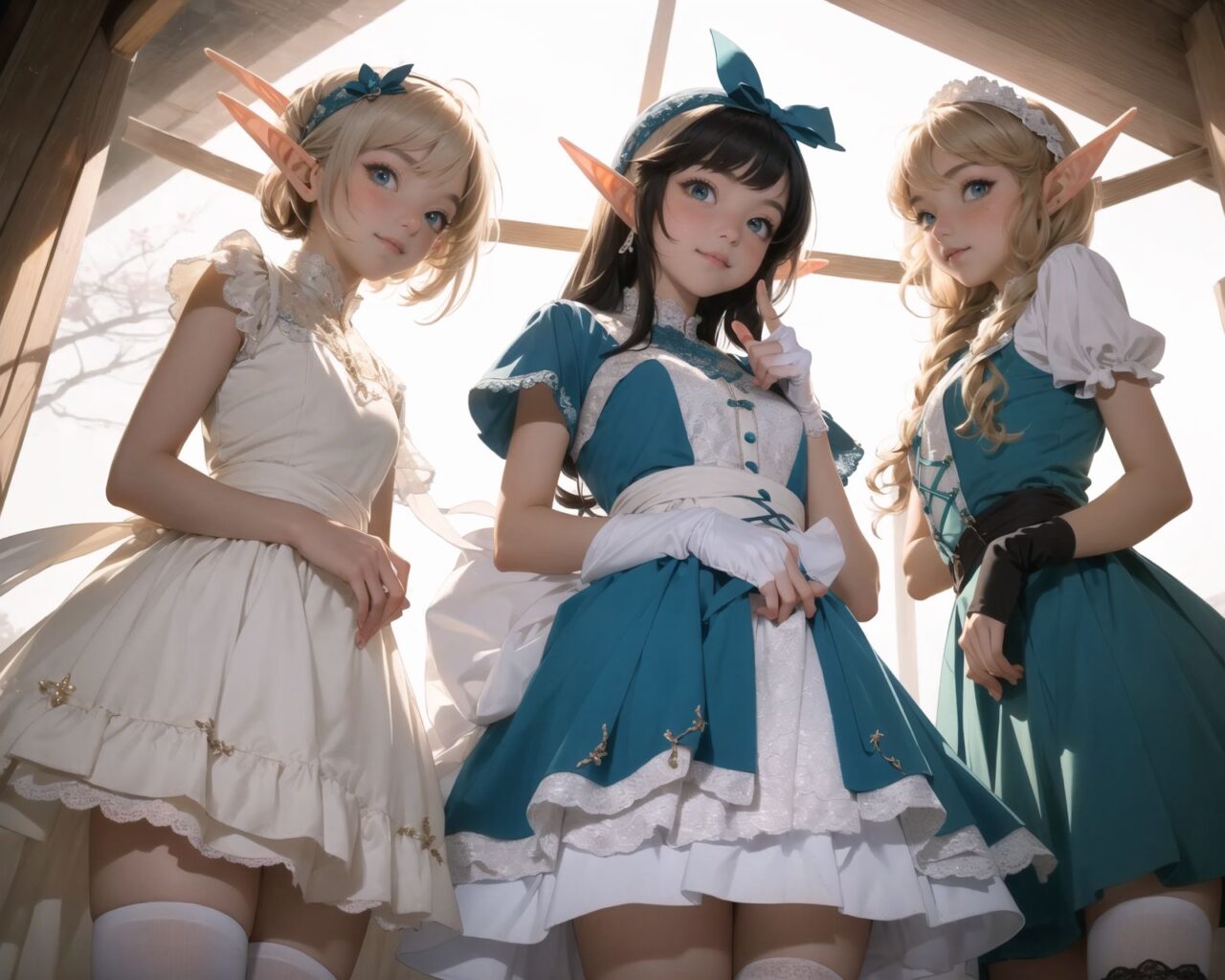 ((four elf girls,:1.4), Adorable and charming and lolita), 
innocent and yocuthful expression, gentle smile with soft blushing cheeks, shy yet endearing demeanor,

cute and embarrassed idol smile,

deep dark blue-green eyes sparkling with purity,
silvery hair, stylishly cut short, delicately flowing strands,

facing the camera, making eye contact, exuding childlike wonder,

cute and natural posture, youthful and graceful,

flirtatious and innocent eyes, perfect blend of innocence and enchantment,
quintessential kawaii girl,
elegant Lolita fashion with black and white lace, intricate patterns, ribbons, and frills, over-the-knee socks, frilly headband, petticoat for extra volume, lace gloves, apron with frills, and frilled short boots, fresh and pure poses, radiating natural charm,

(low angle shot emphasizing her kawaii appeal and highlighting the delicate textures of her hair and clothes:1.2),
natural lighting casting soft shadows, enhancing the youthful contours of her face,

sharp focus,

high resolution, vivid and detailed,
professional quality, vibrant colors,

ultra-high resolution capturing every detail from the individual strands of her hair to the intricate lace and fabrics of her costume,
professional-grade clarity and contrast bringing vibrant colors to life,