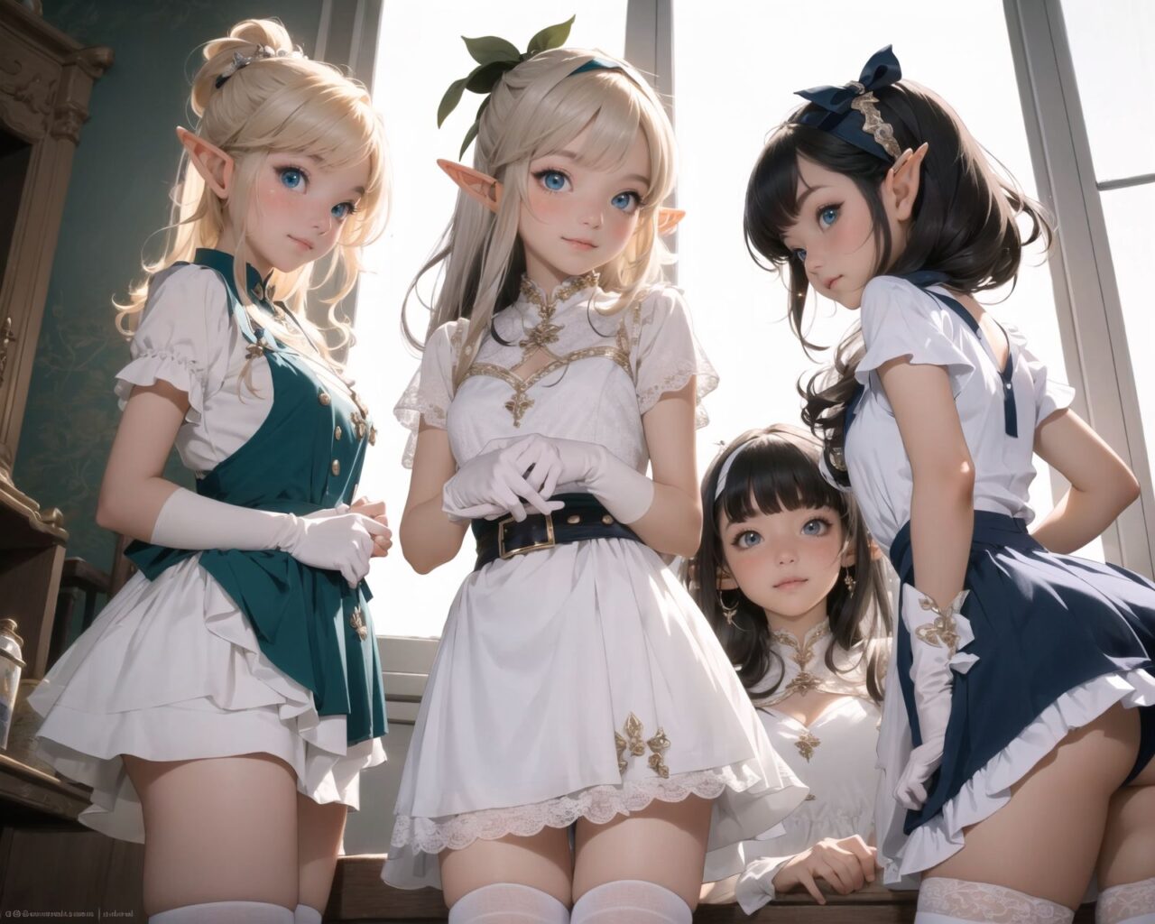 ((four elf girls,:1.4), Adorable and charming and lolita), 
innocent and yocuthful expression, gentle smile with soft blushing cheeks, shy yet endearing demeanor,

cute and embarrassed idol smile,

deep dark blue-green eyes sparkling with purity,
silvery hair, stylishly cut short, delicately flowing strands,

facing the camera, making eye contact, exuding childlike wonder,

cute and natural posture, youthful and graceful,

flirtatious and innocent eyes, perfect blend of innocence and enchantment,
quintessential kawaii girl,
elegant Lolita fashion with black and white lace, intricate patterns, ribbons, and frills, over-the-knee socks, frilly headband, petticoat for extra volume, lace gloves, apron with frills, and frilled short boots, fresh and pure poses, radiating natural charm,

(low angle shot emphasizing her kawaii appeal and highlighting the delicate textures of her hair and clothes:1.2),
natural lighting casting soft shadows, enhancing the youthful contours of her face,

sharp focus,

high resolution, vivid and detailed,
professional quality, vibrant colors,

ultra-high resolution capturing every detail from the individual strands of her hair to the intricate lace and fabrics of her costume,
professional-grade clarity and contrast bringing vibrant colors to life,