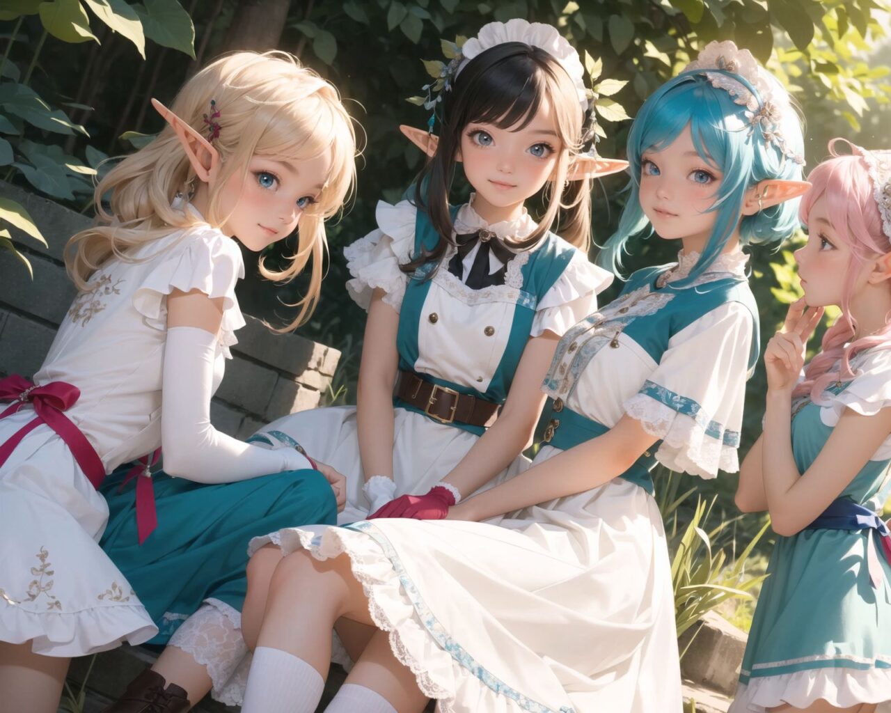 ((four elf girls,:1.4), Adorable and charming and lolita), 
innocent and yocuthful expression, gentle smile with soft blushing cheeks, shy yet endearing demeanor,

cute and embarrassed idol smile,

deep dark blue-green eyes sparkling with purity,
silvery hair, stylishly cut short, delicately flowing strands,

facing the camera, making eye contact, exuding childlike wonder,

cute and natural posture, youthful and graceful,

flirtatious and innocent eyes, perfect blend of innocence and enchantment,
quintessential kawaii girl,
elegant Lolita fashion with black and white lace, intricate patterns, ribbons, and frills, over-the-knee socks, frilly headband, petticoat for extra volume, lace gloves, apron with frills, and frilled short boots, fresh and pure poses, radiating natural charm,

(low angle shot emphasizing her kawaii appeal and highlighting the delicate textures of her hair and clothes:1.2),
natural lighting casting soft shadows, enhancing the youthful contours of her face,

sharp focus,

high resolution, vivid and detailed,
professional quality, vibrant colors,

ultra-high resolution capturing every detail from the individual strands of her hair to the intricate lace and fabrics of her costume,
professional-grade clarity and contrast bringing vibrant colors to life,