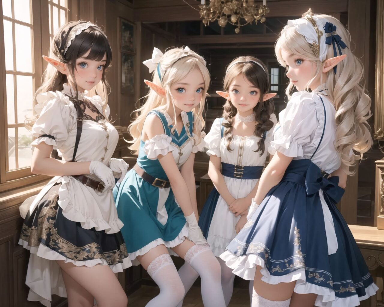 ((four elf girls,:1.4), Adorable and charming and lolita), 
innocent and yocuthful expression, gentle smile with soft blushing cheeks, shy yet endearing demeanor,

cute and embarrassed idol smile,

deep dark blue-green eyes sparkling with purity,
silvery hair, stylishly cut short, delicately flowing strands,

facing the camera, making eye contact, exuding childlike wonder,

cute and natural posture, youthful and graceful,

flirtatious and innocent eyes, perfect blend of innocence and enchantment,
quintessential kawaii girl,
elegant Lolita fashion with black and white lace, intricate patterns, ribbons, and frills, over-the-knee socks, frilly headband, petticoat for extra volume, lace gloves, apron with frills, and frilled short boots, fresh and pure poses, radiating natural charm,

(low angle shot emphasizing her kawaii appeal and highlighting the delicate textures of her hair and clothes:1.2),
natural lighting casting soft shadows, enhancing the youthful contours of her face,

sharp focus,

high resolution, vivid and detailed,
professional quality, vibrant colors,

ultra-high resolution capturing every detail from the individual strands of her hair to the intricate lace and fabrics of her costume,
professional-grade clarity and contrast bringing vibrant colors to life,