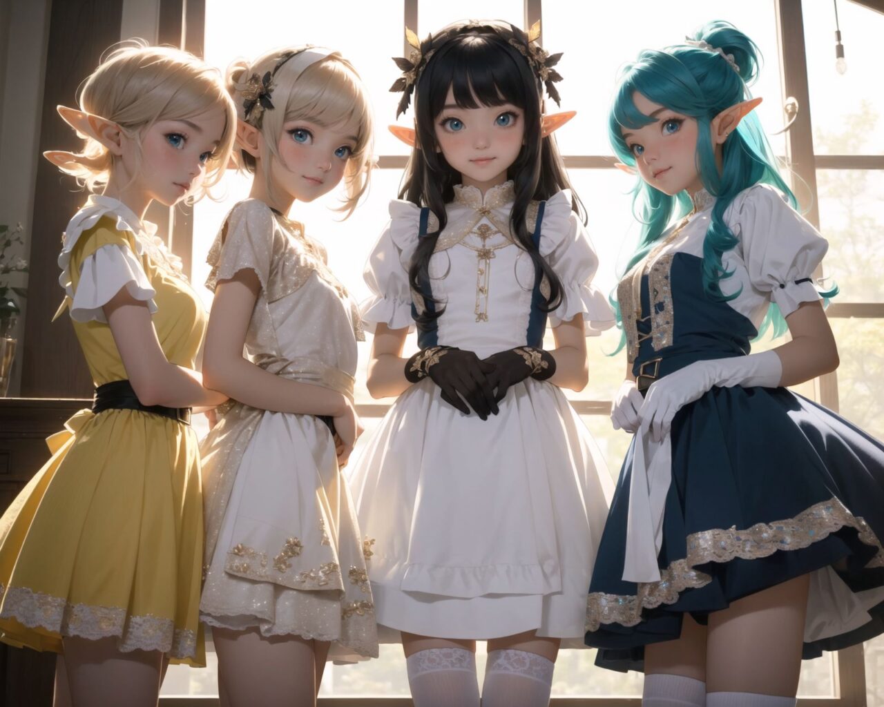 ((four elf girls,:1.4), Adorable and charming and lolita), 
innocent and yocuthful expression, gentle smile with soft blushing cheeks, shy yet endearing demeanor,

cute and embarrassed idol smile,

deep dark blue-green eyes sparkling with purity,
silvery hair, stylishly cut short, delicately flowing strands,

facing the camera, making eye contact, exuding childlike wonder,

cute and natural posture, youthful and graceful,

flirtatious and innocent eyes, perfect blend of innocence and enchantment,
quintessential kawaii girl,
elegant Lolita fashion with black and white lace, intricate patterns, ribbons, and frills, over-the-knee socks, frilly headband, petticoat for extra volume, lace gloves, apron with frills, and frilled short boots, fresh and pure poses, radiating natural charm,

(low angle shot emphasizing her kawaii appeal and highlighting the delicate textures of her hair and clothes:1.2),
natural lighting casting soft shadows, enhancing the youthful contours of her face,

sharp focus,

high resolution, vivid and detailed,
professional quality, vibrant colors,

ultra-high resolution capturing every detail from the individual strands of her hair to the intricate lace and fabrics of her costume,
professional-grade clarity and contrast bringing vibrant colors to life,