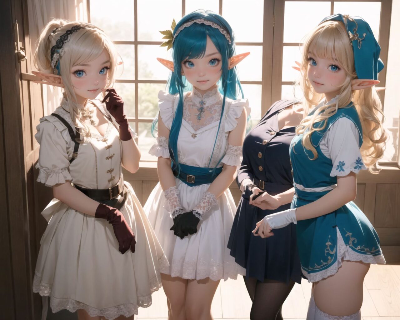 ((four elf girls,:1.4), Adorable and charming and lolita), 
innocent and yocuthful expression, gentle smile with soft blushing cheeks, shy yet endearing demeanor,

cute and embarrassed idol smile,

deep dark blue-green eyes sparkling with purity,
silvery hair, stylishly cut short, delicately flowing strands,

facing the camera, making eye contact, exuding childlike wonder,

cute and natural posture, youthful and graceful,

flirtatious and innocent eyes, perfect blend of innocence and enchantment,
quintessential kawaii girl,
elegant Lolita fashion with black and white lace, intricate patterns, ribbons, and frills, over-the-knee socks, frilly headband, petticoat for extra volume, lace gloves, apron with frills, and frilled short boots, fresh and pure poses, radiating natural charm,

(low angle shot emphasizing her kawaii appeal and highlighting the delicate textures of her hair and clothes:1.2),
natural lighting casting soft shadows, enhancing the youthful contours of her face,

sharp focus,

high resolution, vivid and detailed,
professional quality, vibrant colors,

ultra-high resolution capturing every detail from the individual strands of her hair to the intricate lace and fabrics of her costume,
professional-grade clarity and contrast bringing vibrant colors to life,