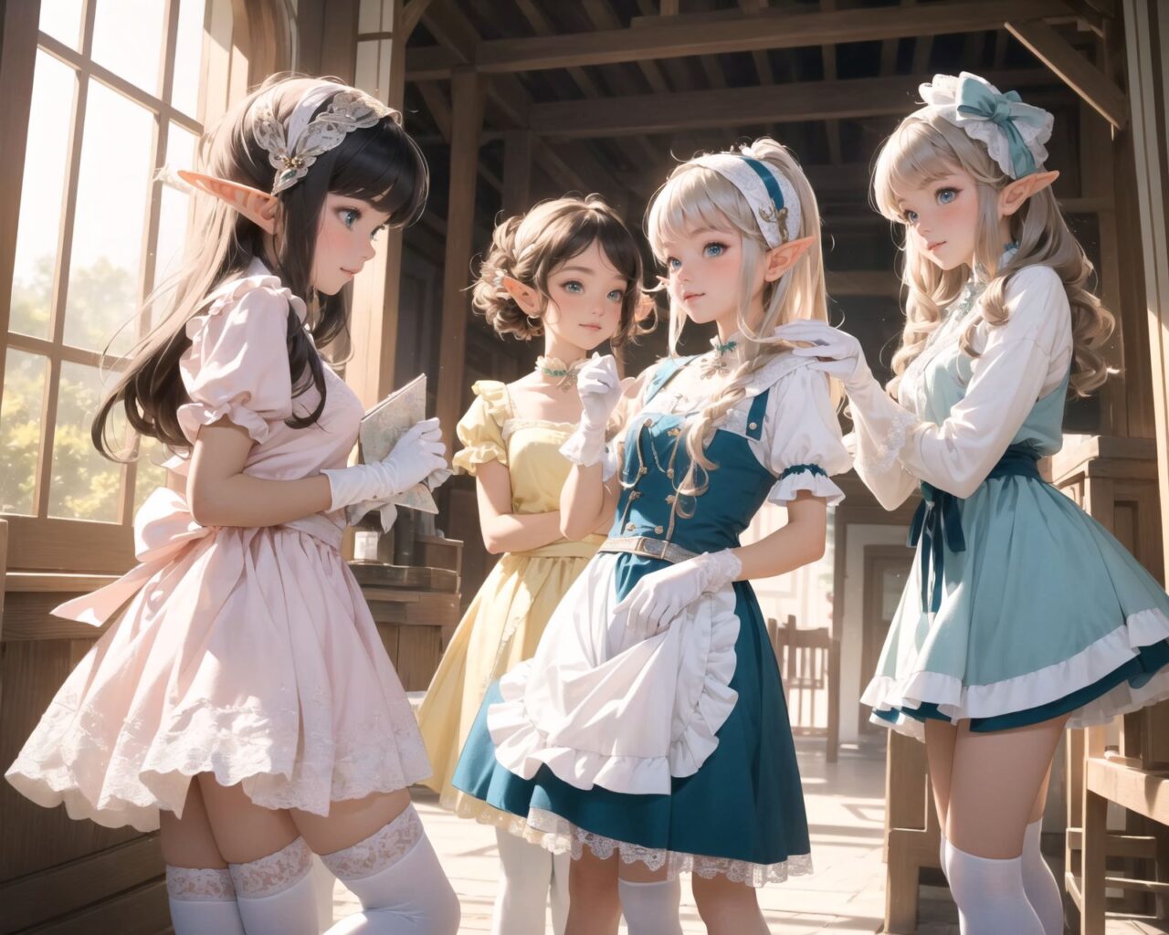 ((four elf girls,:1.4), Adorable and charming and lolita), 
innocent and yocuthful expression, gentle smile with soft blushing cheeks, shy yet endearing demeanor,

cute and embarrassed idol smile,

deep dark blue-green eyes sparkling with purity,
silvery hair, stylishly cut short, delicately flowing strands,

facing the camera, making eye contact, exuding childlike wonder,

cute and natural posture, youthful and graceful,

flirtatious and innocent eyes, perfect blend of innocence and enchantment,
quintessential kawaii girl,
elegant Lolita fashion with black and white lace, intricate patterns, ribbons, and frills, over-the-knee socks, frilly headband, petticoat for extra volume, lace gloves, apron with frills, and frilled short boots, fresh and pure poses, radiating natural charm,

(low angle shot emphasizing her kawaii appeal and highlighting the delicate textures of her hair and clothes:1.2),
natural lighting casting soft shadows, enhancing the youthful contours of her face,

sharp focus,

high resolution, vivid and detailed,
professional quality, vibrant colors,

ultra-high resolution capturing every detail from the individual strands of her hair to the intricate lace and fabrics of her costume,
professional-grade clarity and contrast bringing vibrant colors to life,