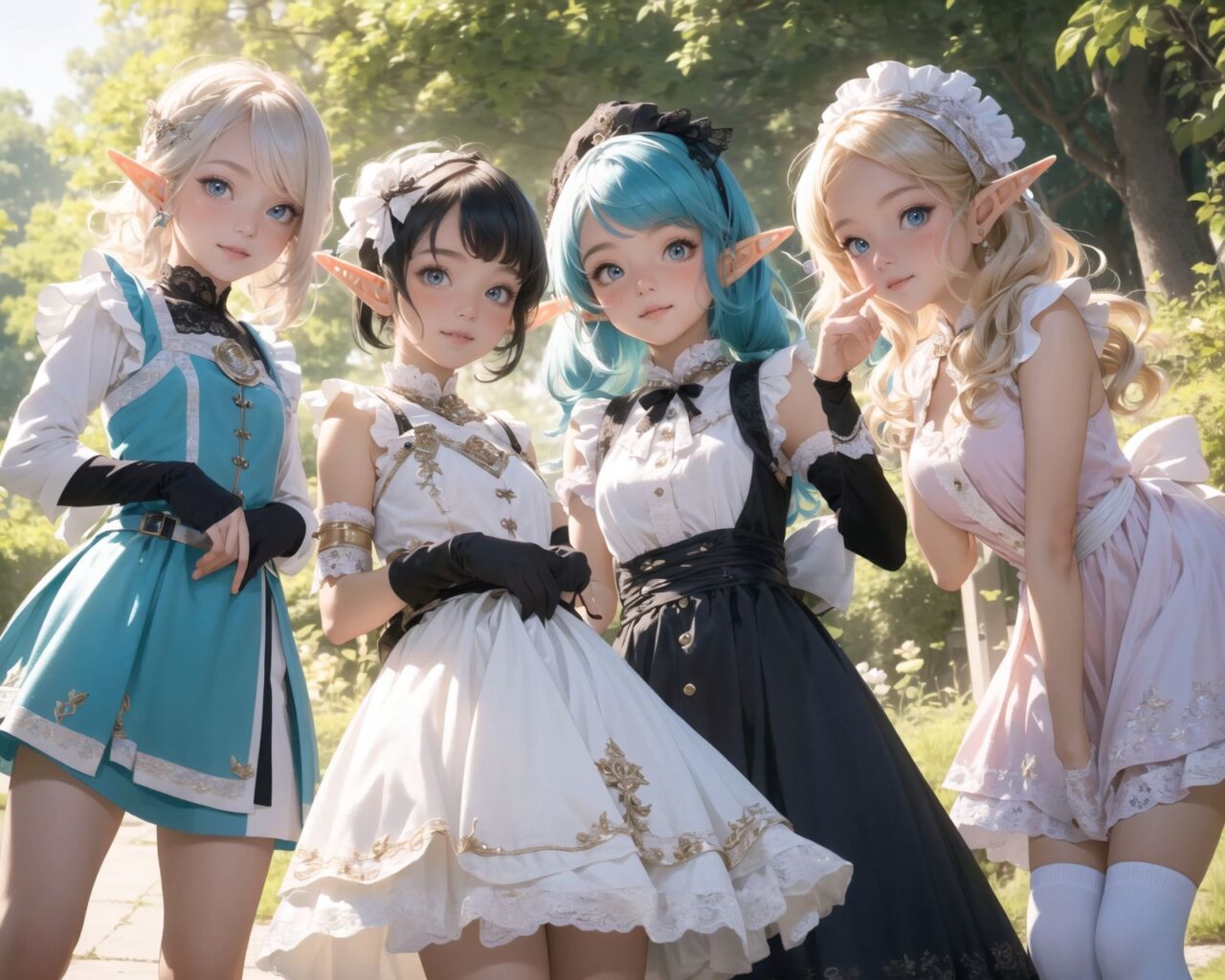 ((four elf girls,:1.4), Adorable and charming and lolita), 
innocent and yocuthful expression, gentle smile with soft blushing cheeks, shy yet endearing demeanor,

cute and embarrassed idol smile,

deep dark blue-green eyes sparkling with purity,
silvery hair, stylishly cut short, delicately flowing strands,

facing the camera, making eye contact, exuding childlike wonder,

cute and natural posture, youthful and graceful,

flirtatious and innocent eyes, perfect blend of innocence and enchantment,
quintessential kawaii girl,
elegant Lolita fashion with black and white lace, intricate patterns, ribbons, and frills, over-the-knee socks, frilly headband, petticoat for extra volume, lace gloves, apron with frills, and frilled short boots, fresh and pure poses, radiating natural charm,

(low angle shot emphasizing her kawaii appeal and highlighting the delicate textures of her hair and clothes:1.2),
natural lighting casting soft shadows, enhancing the youthful contours of her face,

sharp focus,

high resolution, vivid and detailed,
professional quality, vibrant colors,

ultra-high resolution capturing every detail from the individual strands of her hair to the intricate lace and fabrics of her costume,
professional-grade clarity and contrast bringing vibrant colors to life,