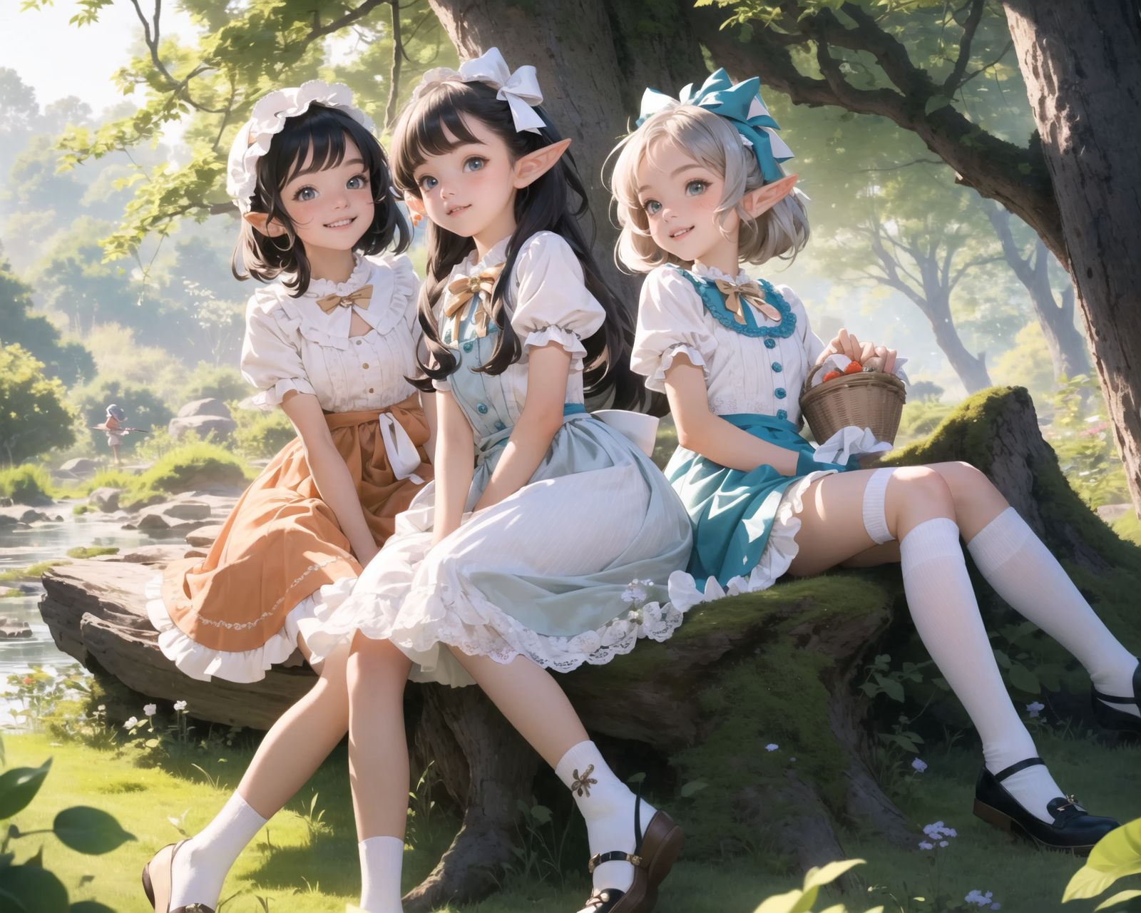 (four Adorable and charming lolita elf girls:1.6), 
innocent and youthful expression, gentle smile with soft blushing cheeks, shy yet endearing demeanor,

cute and embarrassed idol smile,

deep dark blue-green eyes sparkling with purity,
silvery hair, stylishly cut short, delicately flowing strands,

facing the camera, making eye contact, exuding childlike wonder,

cute and natural posture, youthful and graceful,

flirtatious and innocent eyes, perfect blend of innocence and enchantment,
quintessential kawaii girl,

standing in a sunlit forest clearing surrounded by blooming flowers and tall trees. The girls have innocent and youthful expressions, with gentle smiles and soft blushing cheeks, displaying a shy yet endearing demeanor. They wear elegant black and white lace dresses with intricate patterns, ribbons, and frills, paired with over-the-knee socks, frilly headbands, petticoats for extra volume, lace gloves, aprons with frills, and frilled short boots.

Each girl has deep dark blue-green eyes sparkling with purity and silvery hair stylishly cut short, with delicately flowing strands. They face the camera, making eye contact, exuding childlike wonder, and giving cute and embarrassed idol smiles. Their poses are cute and natural, youthful and graceful, with flirtatious and innocent eyes, embodying the quintessential kawaii girl.

One girl is picking flowers, another is sitting on a tree stump, the third is playing with a butterfly, and the fourth is holding a small basket of fruits. The low angle shot emphasizes their kawaii appeal and highlights the delicate textures of their hair and clothes, with natural lighting casting soft shadows and enhancing the youthful contours of their faces.

The image is in ultra-high resolution, capturing every detail from the individual strands of their hair to the intricate lace and fabrics of their costumes. The professional-grade clarity and contrast bring vibrant colors to life, making the scene vivid and detailed.