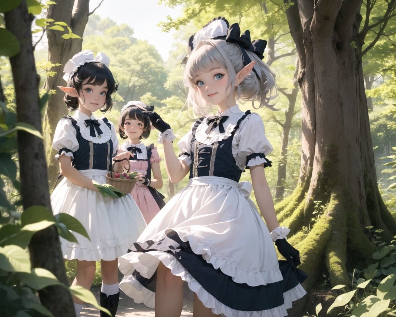 (four Adorable and charming lolita elf girls:1.6), 
innocent and youthful expression, gentle smile with soft blushing cheeks, shy yet endearing demeanor,

cute and embarrassed idol smile,

deep dark blue-green eyes sparkling with purity,
silvery hair, stylishly cut short, delicately flowing strands,

facing the camera, making eye contact, exuding childlike wonder,

cute and natural posture, youthful and graceful,

flirtatious and innocent eyes, perfect blend of innocence and enchantment,
quintessential kawaii girl,

standing in a sunlit forest clearing surrounded by blooming flowers and tall trees. The girls have innocent and youthful expressions, with gentle smiles and soft blushing cheeks, displaying a shy yet endearing demeanor. They wear elegant black and white lace dresses with intricate patterns, ribbons, and frills, paired with over-the-knee socks, frilly headbands, petticoats for extra volume, lace gloves, aprons with frills, and frilled short boots.

Each girl has deep dark blue-green eyes sparkling with purity and silvery hair stylishly cut short, with delicately flowing strands. They face the camera, making eye contact, exuding childlike wonder, and giving cute and embarrassed idol smiles. Their poses are cute and natural, youthful and graceful, with flirtatious and innocent eyes, embodying the quintessential kawaii girl.

One girl is picking flowers, another is sitting on a tree stump, the third is playing with a butterfly, and the fourth is holding a small basket of fruits. The low angle shot emphasizes their kawaii appeal and highlights the delicate textures of their hair and clothes, with natural lighting casting soft shadows and enhancing the youthful contours of their faces.

The image is in ultra-high resolution, capturing every detail from the individual strands of their hair to the intricate lace and fabrics of their costumes. The professional-grade clarity and contrast bring vibrant colors to life, making the scene vivid and detailed.