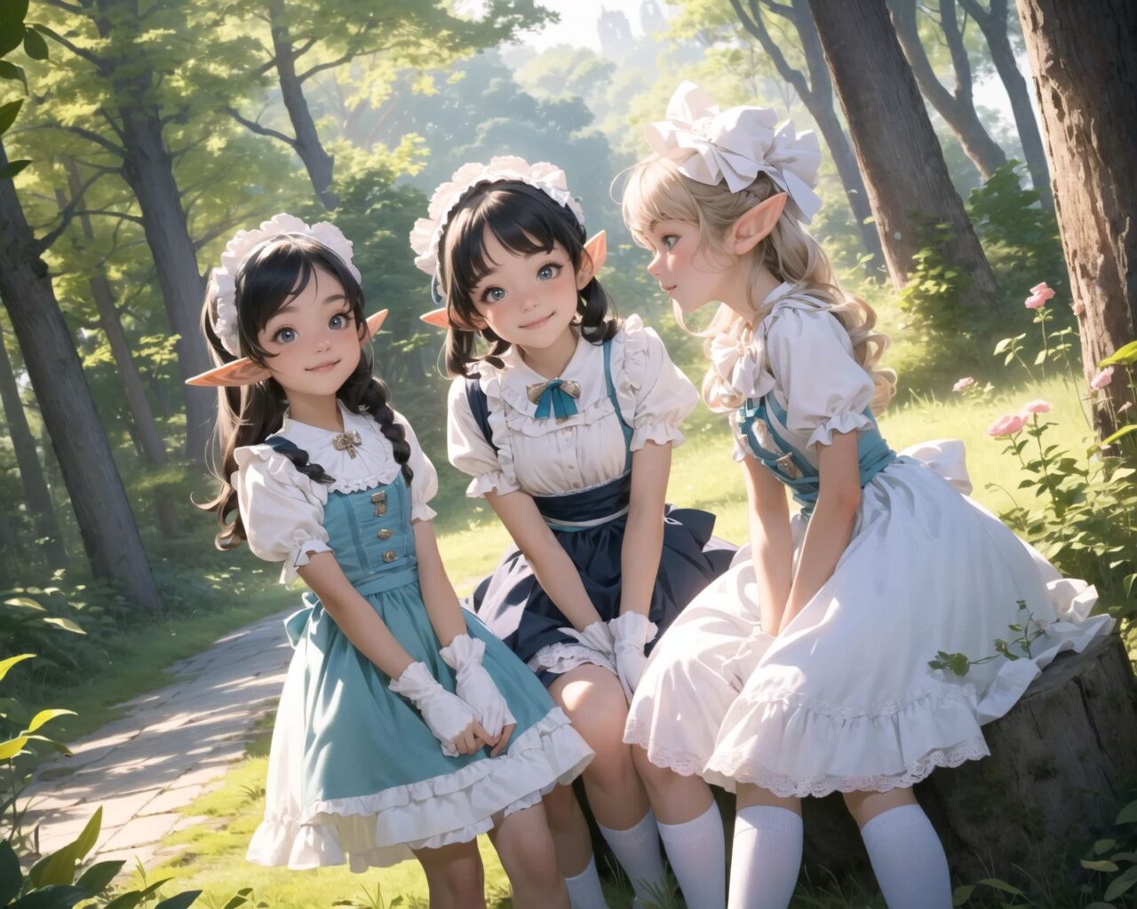 (four Adorable and charming lolita elf girls:1.6), 
innocent and youthful expression, gentle smile with soft blushing cheeks, shy yet endearing demeanor,

cute and embarrassed idol smile,

deep dark blue-green eyes sparkling with purity,
silvery hair, stylishly cut short, delicately flowing strands,

facing the camera, making eye contact, exuding childlike wonder,

cute and natural posture, youthful and graceful,

flirtatious and innocent eyes, perfect blend of innocence and enchantment,
quintessential kawaii girl,

standing in a sunlit forest clearing surrounded by blooming flowers and tall trees. The girls have innocent and youthful expressions, with gentle smiles and soft blushing cheeks, displaying a shy yet endearing demeanor. They wear elegant black and white lace dresses with intricate patterns, ribbons, and frills, paired with over-the-knee socks, frilly headbands, petticoats for extra volume, lace gloves, aprons with frills, and frilled short boots.

Each girl has deep dark blue-green eyes sparkling with purity and silvery hair stylishly cut short, with delicately flowing strands. They face the camera, making eye contact, exuding childlike wonder, and giving cute and embarrassed idol smiles. Their poses are cute and natural, youthful and graceful, with flirtatious and innocent eyes, embodying the quintessential kawaii girl.

One girl is picking flowers, another is sitting on a tree stump, the third is playing with a butterfly, and the fourth is holding a small basket of fruits. The low angle shot emphasizes their kawaii appeal and highlights the delicate textures of their hair and clothes, with natural lighting casting soft shadows and enhancing the youthful contours of their faces.

The image is in ultra-high resolution, capturing every detail from the individual strands of their hair to the intricate lace and fabrics of their costumes. The professional-grade clarity and contrast bring vibrant colors to life, making the scene vivid and detailed.