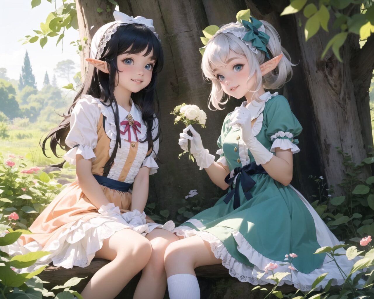 (four Adorable and charming lolita elf girls:1.6), 
innocent and youthful expression, gentle smile with soft blushing cheeks, shy yet endearing demeanor,

cute and embarrassed idol smile,

deep dark blue-green eyes sparkling with purity,
silvery hair, stylishly cut short, delicately flowing strands,

facing the camera, making eye contact, exuding childlike wonder,

cute and natural posture, youthful and graceful,

flirtatious and innocent eyes, perfect blend of innocence and enchantment,
quintessential kawaii girl,

standing in a sunlit forest clearing surrounded by blooming flowers and tall trees. The girls have innocent and youthful expressions, with gentle smiles and soft blushing cheeks, displaying a shy yet endearing demeanor. They wear elegant black and white lace dresses with intricate patterns, ribbons, and frills, paired with over-the-knee socks, frilly headbands, petticoats for extra volume, lace gloves, aprons with frills, and frilled short boots.

Each girl has deep dark blue-green eyes sparkling with purity and silvery hair stylishly cut short, with delicately flowing strands. They face the camera, making eye contact, exuding childlike wonder, and giving cute and embarrassed idol smiles. Their poses are cute and natural, youthful and graceful, with flirtatious and innocent eyes, embodying the quintessential kawaii girl.

One girl is picking flowers, another is sitting on a tree stump, the third is playing with a butterfly, and the fourth is holding a small basket of fruits. The low angle shot emphasizes their kawaii appeal and highlights the delicate textures of their hair and clothes, with natural lighting casting soft shadows and enhancing the youthful contours of their faces.

The image is in ultra-high resolution, capturing every detail from the individual strands of their hair to the intricate lace and fabrics of their costumes. The professional-grade clarity and contrast bring vibrant colors to life, making the scene vivid and detailed.