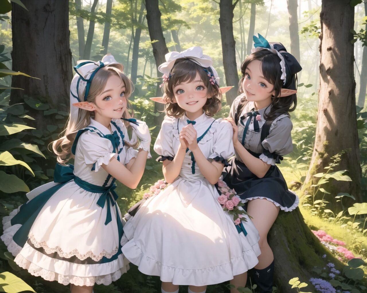 (four Adorable and charming lolita elf girls:1.6), 
innocent and youthful expression, gentle smile with soft blushing cheeks, shy yet endearing demeanor,

cute and embarrassed idol smile,

deep dark blue-green eyes sparkling with purity,
silvery hair, stylishly cut short, delicately flowing strands,

facing the camera, making eye contact, exuding childlike wonder,

cute and natural posture, youthful and graceful,

flirtatious and innocent eyes, perfect blend of innocence and enchantment,
quintessential kawaii girl,

standing in a sunlit forest clearing surrounded by blooming flowers and tall trees. The girls have innocent and youthful expressions, with gentle smiles and soft blushing cheeks, displaying a shy yet endearing demeanor. They wear elegant black and white lace dresses with intricate patterns, ribbons, and frills, paired with over-the-knee socks, frilly headbands, petticoats for extra volume, lace gloves, aprons with frills, and frilled short boots.

Each girl has deep dark blue-green eyes sparkling with purity and silvery hair stylishly cut short, with delicately flowing strands. They face the camera, making eye contact, exuding childlike wonder, and giving cute and embarrassed idol smiles. Their poses are cute and natural, youthful and graceful, with flirtatious and innocent eyes, embodying the quintessential kawaii girl.

One girl is picking flowers, another is sitting on a tree stump, the third is playing with a butterfly, and the fourth is holding a small basket of fruits. The low angle shot emphasizes their kawaii appeal and highlights the delicate textures of their hair and clothes, with natural lighting casting soft shadows and enhancing the youthful contours of their faces.

The image is in ultra-high resolution, capturing every detail from the individual strands of their hair to the intricate lace and fabrics of their costumes. The professional-grade clarity and contrast bring vibrant colors to life, making the scene vivid and detailed.