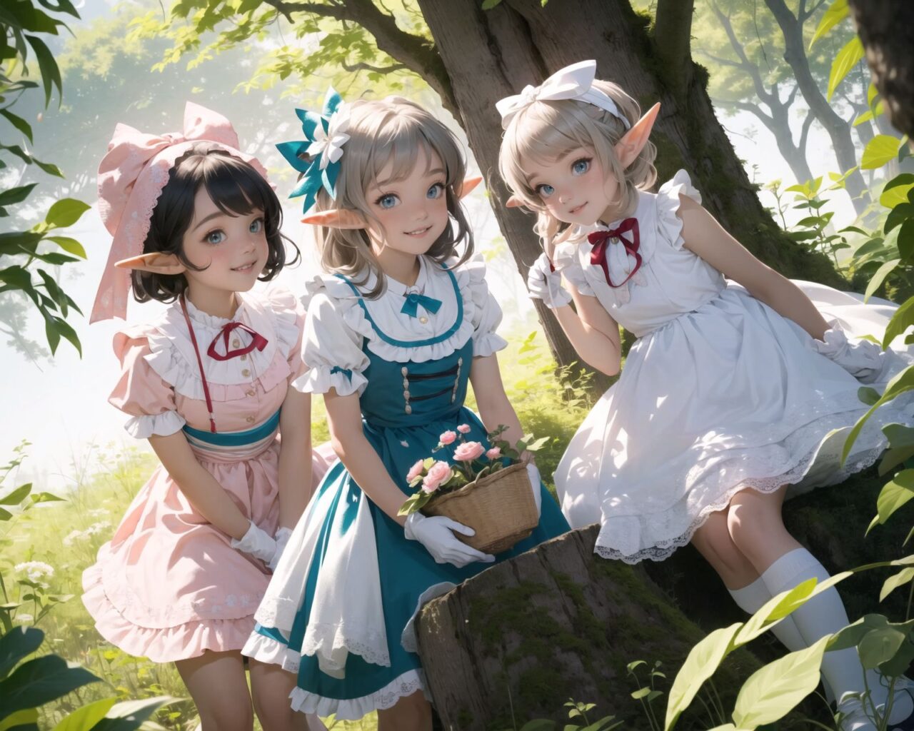 (four Adorable and charming lolita elf girls:1.6), 
innocent and youthful expression, gentle smile with soft blushing cheeks, shy yet endearing demeanor,

cute and embarrassed idol smile,

deep dark blue-green eyes sparkling with purity,
silvery hair, stylishly cut short, delicately flowing strands,

facing the camera, making eye contact, exuding childlike wonder,

cute and natural posture, youthful and graceful,

flirtatious and innocent eyes, perfect blend of innocence and enchantment,
quintessential kawaii girl,

standing in a sunlit forest clearing surrounded by blooming flowers and tall trees. The girls have innocent and youthful expressions, with gentle smiles and soft blushing cheeks, displaying a shy yet endearing demeanor. They wear elegant black and white lace dresses with intricate patterns, ribbons, and frills, paired with over-the-knee socks, frilly headbands, petticoats for extra volume, lace gloves, aprons with frills, and frilled short boots.

Each girl has deep dark blue-green eyes sparkling with purity and silvery hair stylishly cut short, with delicately flowing strands. They face the camera, making eye contact, exuding childlike wonder, and giving cute and embarrassed idol smiles. Their poses are cute and natural, youthful and graceful, with flirtatious and innocent eyes, embodying the quintessential kawaii girl.

One girl is picking flowers, another is sitting on a tree stump, the third is playing with a butterfly, and the fourth is holding a small basket of fruits. The low angle shot emphasizes their kawaii appeal and highlights the delicate textures of their hair and clothes, with natural lighting casting soft shadows and enhancing the youthful contours of their faces.

The image is in ultra-high resolution, capturing every detail from the individual strands of their hair to the intricate lace and fabrics of their costumes. The professional-grade clarity and contrast bring vibrant colors to life, making the scene vivid and detailed.