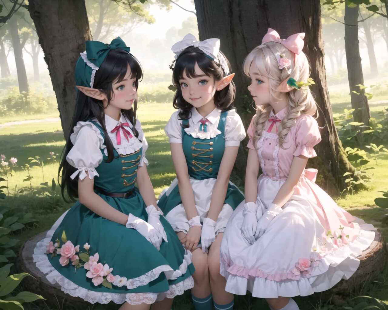 (four Adorable and charming lolita elf girls:1.6), 
innocent and youthful expression, gentle smile with soft blushing cheeks, shy yet endearing demeanor,

cute and embarrassed idol smile,

deep dark blue-green eyes sparkling with purity,
silvery hair, stylishly cut short, delicately flowing strands,

facing the camera, making eye contact, exuding childlike wonder,

cute and natural posture, youthful and graceful,

flirtatious and innocent eyes, perfect blend of innocence and enchantment,
quintessential kawaii girl,

standing in a sunlit forest clearing surrounded by blooming flowers and tall trees. The girls have innocent and youthful expressions, with gentle smiles and soft blushing cheeks, displaying a shy yet endearing demeanor. They wear elegant black and white lace dresses with intricate patterns, ribbons, and frills, paired with over-the-knee socks, frilly headbands, petticoats for extra volume, lace gloves, aprons with frills, and frilled short boots.

Each girl has deep dark blue-green eyes sparkling with purity and silvery hair stylishly cut short, with delicately flowing strands. They face the camera, making eye contact, exuding childlike wonder, and giving cute and embarrassed idol smiles. Their poses are cute and natural, youthful and graceful, with flirtatious and innocent eyes, embodying the quintessential kawaii girl.

One girl is picking flowers, another is sitting on a tree stump, the third is playing with a butterfly, and the fourth is holding a small basket of fruits. The low angle shot emphasizes their kawaii appeal and highlights the delicate textures of their hair and clothes, with natural lighting casting soft shadows and enhancing the youthful contours of their faces.

The image is in ultra-high resolution, capturing every detail from the individual strands of their hair to the intricate lace and fabrics of their costumes. The professional-grade clarity and contrast bring vibrant colors to life, making the scene vivid and detailed.