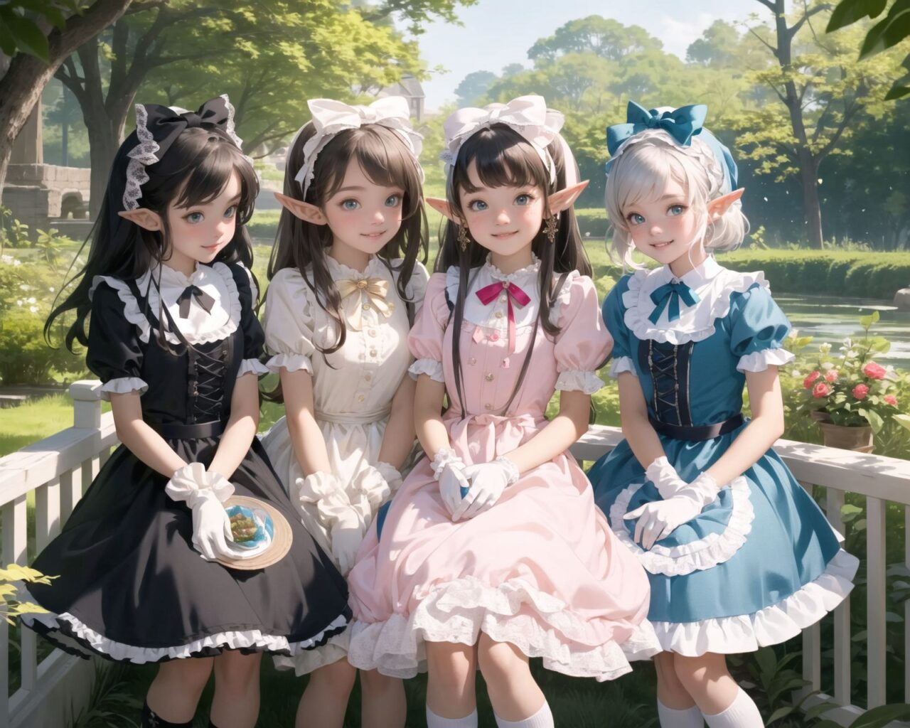 (four Adorable and charming lolita elf girls:1.6), 
innocent and youthful expression, gentle smile with soft blushing cheeks, shy yet endearing demeanor,

cute and embarrassed idol smile,

deep dark blue-green eyes sparkling with purity,
silvery hair, stylishly cut short, delicately flowing strands,

facing the camera, making eye contact, exuding childlike wonder,

cute and natural posture, youthful and graceful,

flirtatious and innocent eyes, perfect blend of innocence and enchantment,
quintessential kawaii girl,

enjoying a picturesque tea party in a magical garden with colorful flowers, ornate furniture, and delicate teacups. The girls have innocent and youthful expressions, with gentle smiles and soft blushing cheeks, displaying a shy yet endearing demeanor. They wear elegant black and white lace dresses with intricate patterns, ribbons, and frills, paired with over-the-knee socks, frilly headbands, petticoats for extra volume, lace gloves, aprons with frills, and frilled short boots.

Each girl has deep dark blue-green eyes sparkling with purity and silvery hair stylishly cut short, with delicately flowing strands. They face the camera, making eye contact, exuding childlike wonder, and giving cute and embarrassed idol smiles. Their poses are cute and natural, youthful and graceful, with flirtatious and innocent eyes, embodying the quintessential kawaii girl.


The image is in ultra-high resolution, capturing every detail from the individual strands of their hair to the intricate lace and fabrics of their costumes. The professional-grade clarity and contrast bring vibrant colors to life, making the scene vivid and detailed.