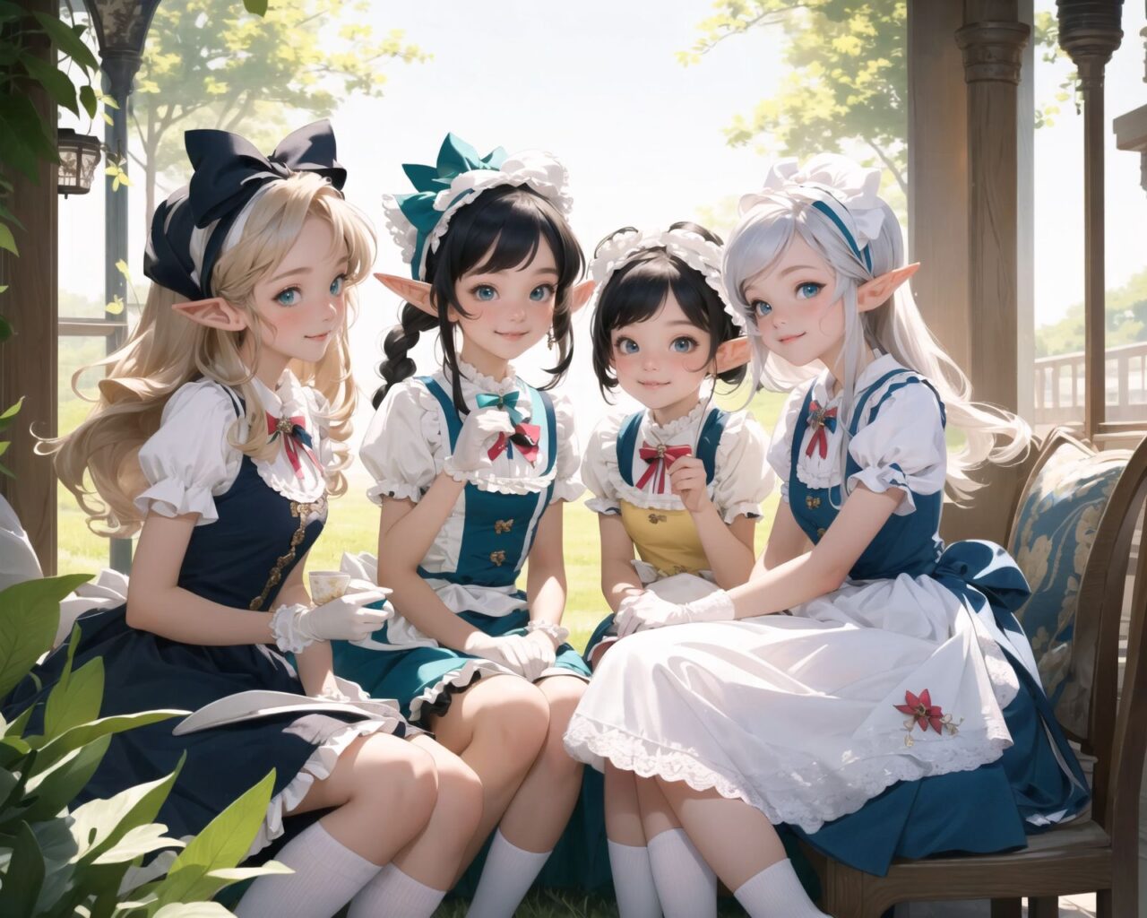 (four Adorable and charming lolita elf girls:1.6), 
innocent and youthful expression, gentle smile with soft blushing cheeks, shy yet endearing demeanor,

cute and embarrassed idol smile,

deep dark blue-green eyes sparkling with purity,
silvery hair, stylishly cut short, delicately flowing strands,

facing the camera, making eye contact, exuding childlike wonder,

cute and natural posture, youthful and graceful,

flirtatious and innocent eyes, perfect blend of innocence and enchantment,
quintessential kawaii girl,

enjoying a picturesque tea party in a magical garden with colorful flowers, ornate furniture, and delicate teacups. The girls have innocent and youthful expressions, with gentle smiles and soft blushing cheeks, displaying a shy yet endearing demeanor. They wear elegant black and white lace dresses with intricate patterns, ribbons, and frills, paired with over-the-knee socks, frilly headbands, petticoats for extra volume, lace gloves, aprons with frills, and frilled short boots.

Each girl has deep dark blue-green eyes sparkling with purity and silvery hair stylishly cut short, with delicately flowing strands. They face the camera, making eye contact, exuding childlike wonder, and giving cute and embarrassed idol smiles. Their poses are cute and natural, youthful and graceful, with flirtatious and innocent eyes, embodying the quintessential kawaii girl.


The image is in ultra-high resolution, capturing every detail from the individual strands of their hair to the intricate lace and fabrics of their costumes. The professional-grade clarity and contrast bring vibrant colors to life, making the scene vivid and detailed.