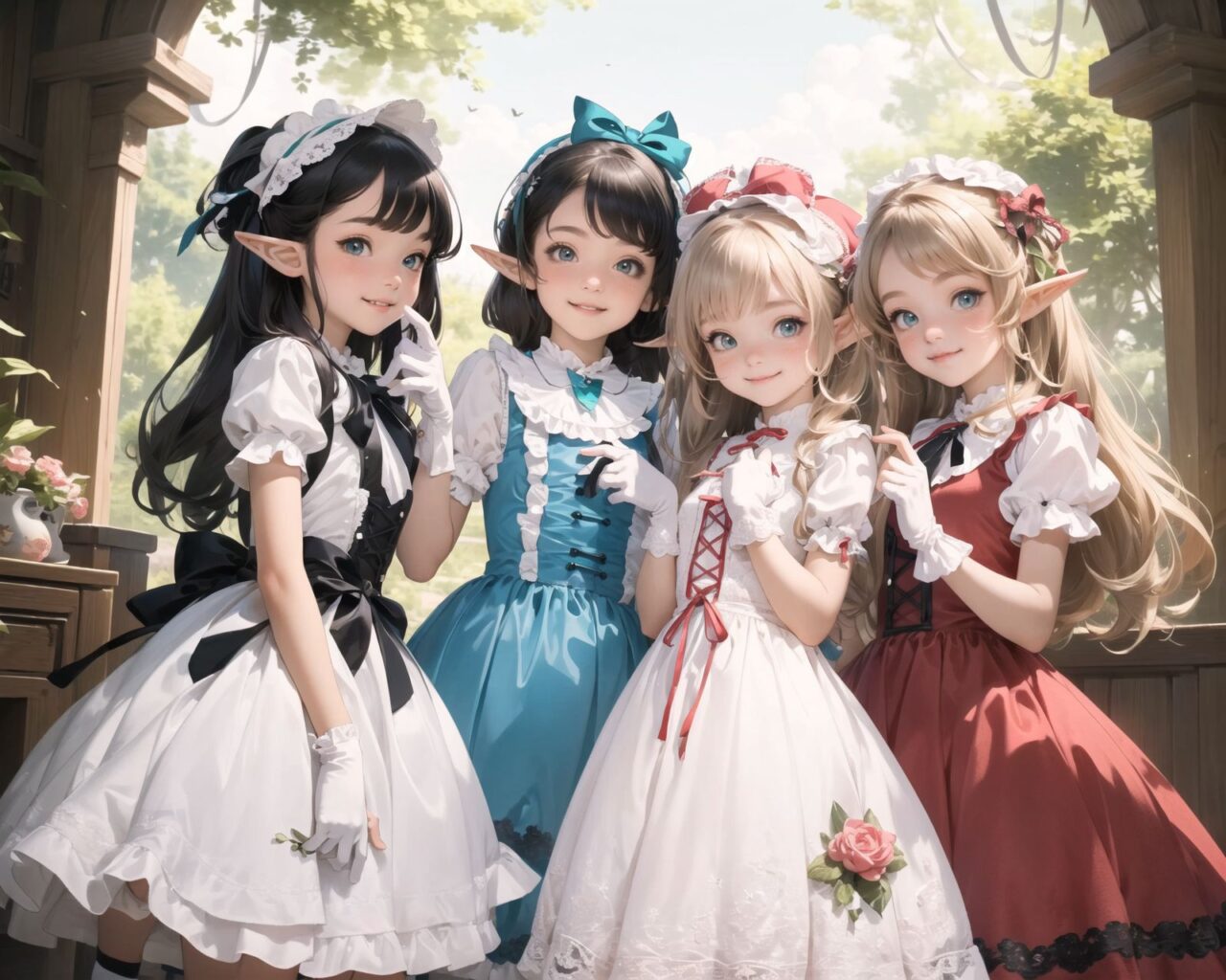 (four Adorable and charming lolita elf girls:1.6), 
innocent and youthful expression, gentle smile with soft blushing cheeks, shy yet endearing demeanor,

cute and embarrassed idol smile,

deep dark blue-green eyes sparkling with purity,
silvery hair, stylishly cut short, delicately flowing strands,

facing the camera, making eye contact, exuding childlike wonder,

cute and natural posture, youthful and graceful,

flirtatious and innocent eyes, perfect blend of innocence and enchantment,
quintessential kawaii girl,

enjoying a picturesque tea party in a magical garden with colorful flowers, ornate furniture, and delicate teacups. The girls have innocent and youthful expressions, with gentle smiles and soft blushing cheeks, displaying a shy yet endearing demeanor. They wear elegant black and white lace dresses with intricate patterns, ribbons, and frills, paired with over-the-knee socks, frilly headbands, petticoats for extra volume, lace gloves, aprons with frills, and frilled short boots.

Each girl has deep dark blue-green eyes sparkling with purity and silvery hair stylishly cut short, with delicately flowing strands. They face the camera, making eye contact, exuding childlike wonder, and giving cute and embarrassed idol smiles. Their poses are cute and natural, youthful and graceful, with flirtatious and innocent eyes, embodying the quintessential kawaii girl.


The image is in ultra-high resolution, capturing every detail from the individual strands of their hair to the intricate lace and fabrics of their costumes. The professional-grade clarity and contrast bring vibrant colors to life, making the scene vivid and detailed.