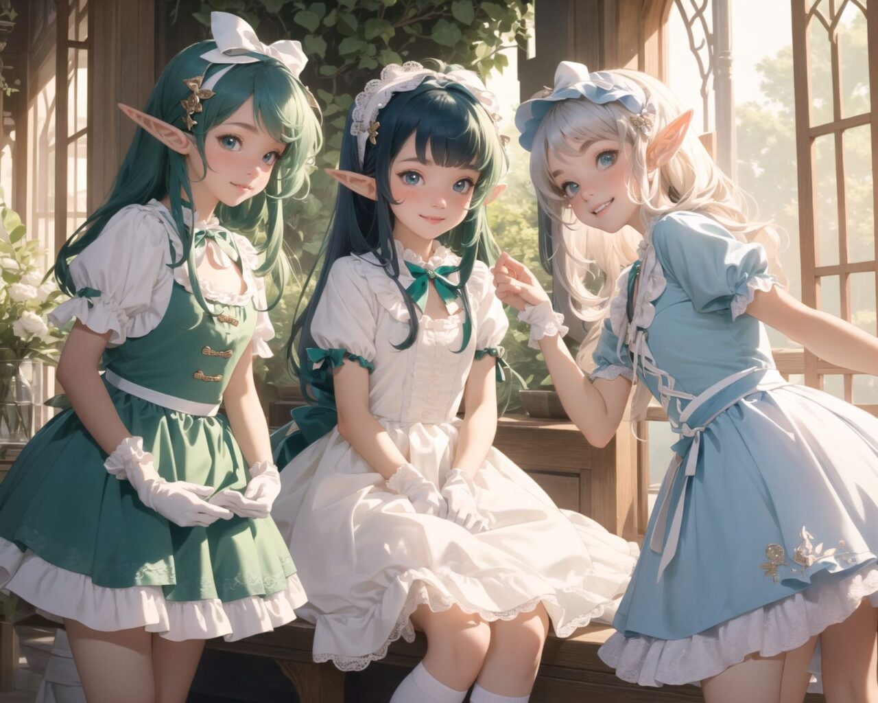 (four Adorable and charming lolita elf girls:1.6), 
innocent and youthful expression, gentle smile with soft blushing cheeks, shy yet endearing demeanor,

cute and embarrassed idol smile,

deep dark blue-green eyes sparkling with purity,
silvery hair, stylishly cut short, delicately flowing strands,

facing the camera, making eye contact, exuding childlike wonder,

cute and natural posture, youthful and graceful,

flirtatious and innocent eyes, perfect blend of innocence and enchantment,
quintessential kawaii girl,

enjoying a picturesque tea party in a magical garden with colorful flowers, ornate furniture, and delicate teacups. The girls have innocent and youthful expressions, with gentle smiles and soft blushing cheeks, displaying a shy yet endearing demeanor. They wear elegant black and white lace dresses with intricate patterns, ribbons, and frills, paired with over-the-knee socks, frilly headbands, petticoats for extra volume, lace gloves, aprons with frills, and frilled short boots.

Each girl has deep dark blue-green eyes sparkling with purity and silvery hair stylishly cut short, with delicately flowing strands. They face the camera, making eye contact, exuding childlike wonder, and giving cute and embarrassed idol smiles. Their poses are cute and natural, youthful and graceful, with flirtatious and innocent eyes, embodying the quintessential kawaii girl.


The image is in ultra-high resolution, capturing every detail from the individual strands of their hair to the intricate lace and fabrics of their costumes. The professional-grade clarity and contrast bring vibrant colors to life, making the scene vivid and detailed.