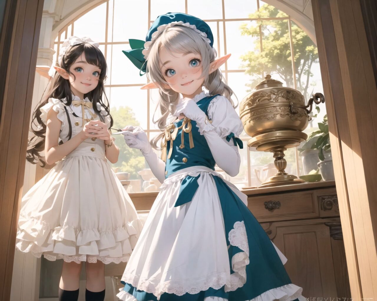 (four Adorable and charming lolita elf girls:1.6), 
innocent and youthful expression, gentle smile with soft blushing cheeks, shy yet endearing demeanor,

cute and embarrassed idol smile,

deep dark blue-green eyes sparkling with purity,
silvery hair, stylishly cut short, delicately flowing strands,

facing the camera, making eye contact, exuding childlike wonder,

cute and natural posture, youthful and graceful,

flirtatious and innocent eyes, perfect blend of innocence and enchantment,
quintessential kawaii girl,

enjoying a picturesque tea party in a magical garden with colorful flowers, ornate furniture, and delicate teacups. The girls have innocent and youthful expressions, with gentle smiles and soft blushing cheeks, displaying a shy yet endearing demeanor. They wear elegant black and white lace dresses with intricate patterns, ribbons, and frills, paired with over-the-knee socks, frilly headbands, petticoats for extra volume, lace gloves, aprons with frills, and frilled short boots.

Each girl has deep dark blue-green eyes sparkling with purity and silvery hair stylishly cut short, with delicately flowing strands. They face the camera, making eye contact, exuding childlike wonder, and giving cute and embarrassed idol smiles. Their poses are cute and natural, youthful and graceful, with flirtatious and innocent eyes, embodying the quintessential kawaii girl.


The image is in ultra-high resolution, capturing every detail from the individual strands of their hair to the intricate lace and fabrics of their costumes. The professional-grade clarity and contrast bring vibrant colors to life, making the scene vivid and detailed.