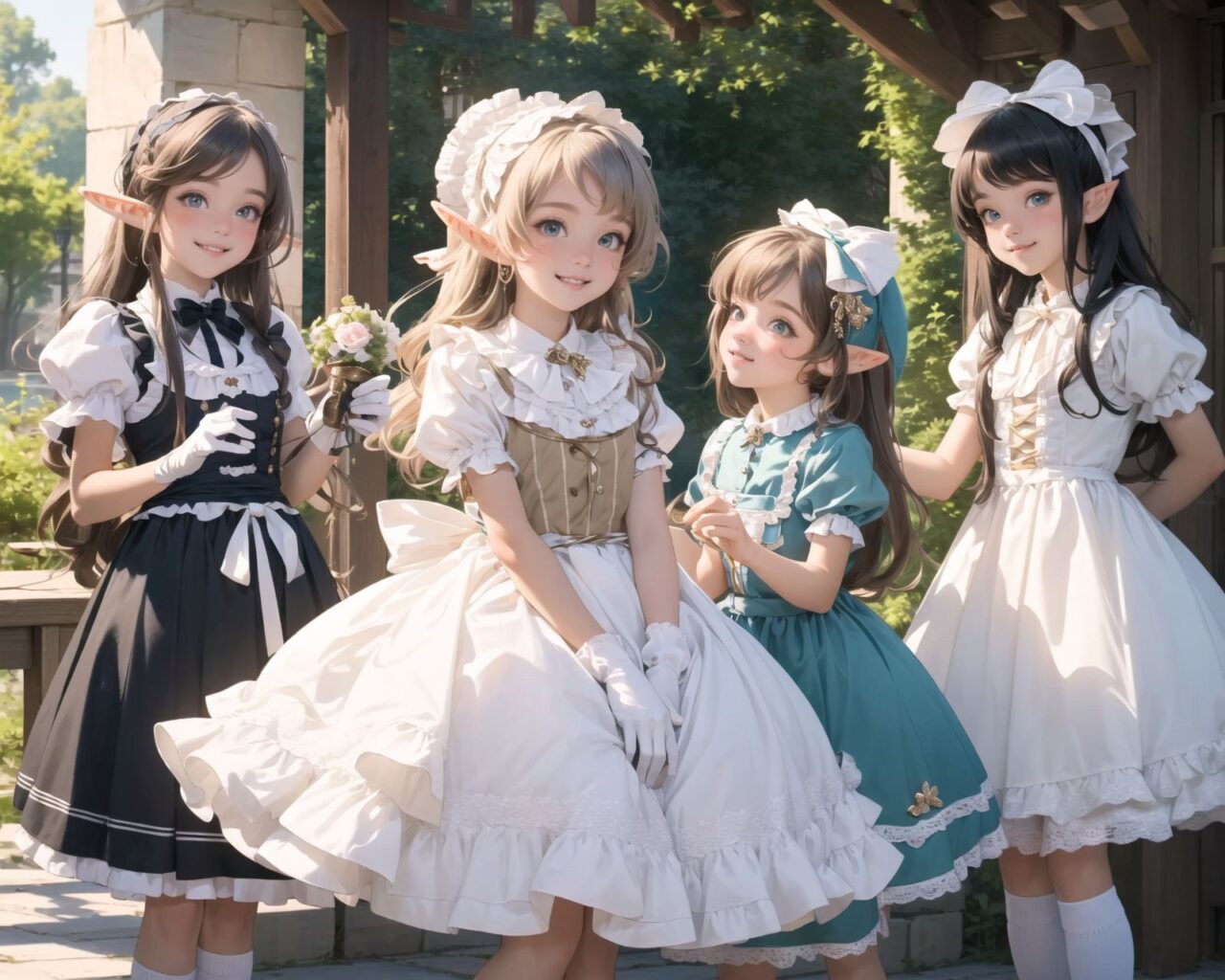 (four Adorable and charming lolita elf girls:1.6), 
innocent and youthful expression, gentle smile with soft blushing cheeks, shy yet endearing demeanor,

cute and embarrassed idol smile,

deep dark blue-green eyes sparkling with purity,
silvery hair, stylishly cut short, delicately flowing strands,

facing the camera, making eye contact, exuding childlike wonder,

cute and natural posture, youthful and graceful,

flirtatious and innocent eyes, perfect blend of innocence and enchantment,
quintessential kawaii girl,

enjoying a picturesque tea party in a magical garden with colorful flowers, ornate furniture, and delicate teacups. The girls have innocent and youthful expressions, with gentle smiles and soft blushing cheeks, displaying a shy yet endearing demeanor. They wear elegant black and white lace dresses with intricate patterns, ribbons, and frills, paired with over-the-knee socks, frilly headbands, petticoats for extra volume, lace gloves, aprons with frills, and frilled short boots.

Each girl has deep dark blue-green eyes sparkling with purity and silvery hair stylishly cut short, with delicately flowing strands. They face the camera, making eye contact, exuding childlike wonder, and giving cute and embarrassed idol smiles. Their poses are cute and natural, youthful and graceful, with flirtatious and innocent eyes, embodying the quintessential kawaii girl.


The image is in ultra-high resolution, capturing every detail from the individual strands of their hair to the intricate lace and fabrics of their costumes. The professional-grade clarity and contrast bring vibrant colors to life, making the scene vivid and detailed.