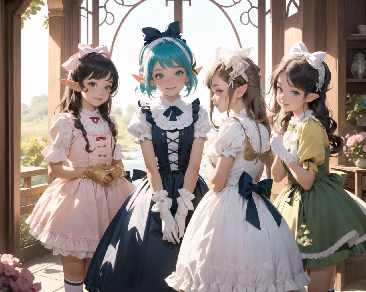 (four Adorable and charming lolita elf girls:1.6), 
innocent and youthful expression, gentle smile with soft blushing cheeks, shy yet endearing demeanor,

cute and embarrassed idol smile,

deep dark blue-green eyes sparkling with purity,
silvery hair, stylishly cut short, delicately flowing strands,

facing the camera, making eye contact, exuding childlike wonder,

cute and natural posture, youthful and graceful,

flirtatious and innocent eyes, perfect blend of innocence and enchantment,
quintessential kawaii girl,

enjoying a picturesque tea party in a magical garden with colorful flowers, ornate furniture, and delicate teacups. The girls have innocent and youthful expressions, with gentle smiles and soft blushing cheeks, displaying a shy yet endearing demeanor. They wear elegant black and white lace dresses with intricate patterns, ribbons, and frills, paired with over-the-knee socks, frilly headbands, petticoats for extra volume, lace gloves, aprons with frills, and frilled short boots.

Each girl has deep dark blue-green eyes sparkling with purity and silvery hair stylishly cut short, with delicately flowing strands. They face the camera, making eye contact, exuding childlike wonder, and giving cute and embarrassed idol smiles. Their poses are cute and natural, youthful and graceful, with flirtatious and innocent eyes, embodying the quintessential kawaii girl.


The image is in ultra-high resolution, capturing every detail from the individual strands of their hair to the intricate lace and fabrics of their costumes. The professional-grade clarity and contrast bring vibrant colors to life, making the scene vivid and detailed.