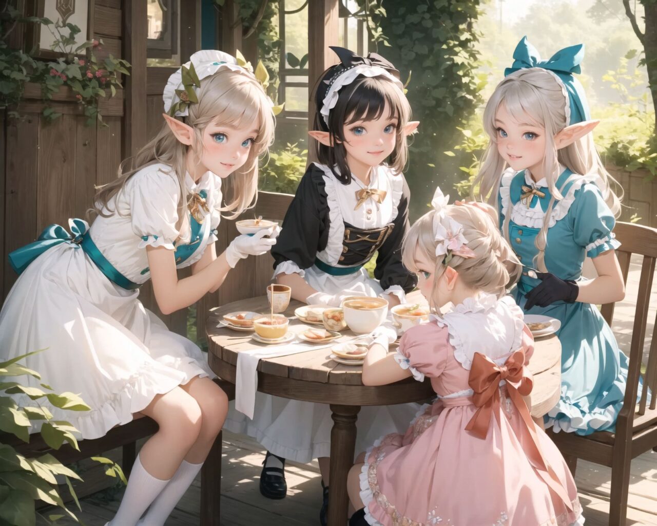 (four Adorable and charming lolita elf girls:1.6), 
innocent and youthful expression, gentle smile with soft blushing cheeks, shy yet endearing demeanor,

cute and embarrassed idol smile,

deep dark blue-green eyes sparkling with purity,
silvery hair, stylishly cut short, delicately flowing strands,

facing the camera, making eye contact, exuding childlike wonder,

cute and natural posture, youthful and graceful,

flirtatious and innocent eyes, perfect blend of innocence and enchantment,
quintessential kawaii girl,

enjoying a picturesque tea party in a magical garden with colorful flowers, ornate furniture, and delicate teacups. The girls have innocent and youthful expressions, with gentle smiles and soft blushing cheeks, displaying a shy yet endearing demeanor. They wear elegant black and white lace dresses with intricate patterns, ribbons, and frills, paired with over-the-knee socks, frilly headbands, petticoats for extra volume, lace gloves, aprons with frills, and frilled short boots.

Each girl has deep dark blue-green eyes sparkling with purity and silvery hair stylishly cut short, with delicately flowing strands. They face the camera, making eye contact, exuding childlike wonder, and giving cute and embarrassed idol smiles. Their poses are cute and natural, youthful and graceful, with flirtatious and innocent eyes, embodying the quintessential kawaii girl.


The image is in ultra-high resolution, capturing every detail from the individual strands of their hair to the intricate lace and fabrics of their costumes. The professional-grade clarity and contrast bring vibrant colors to life, making the scene vivid and detailed.