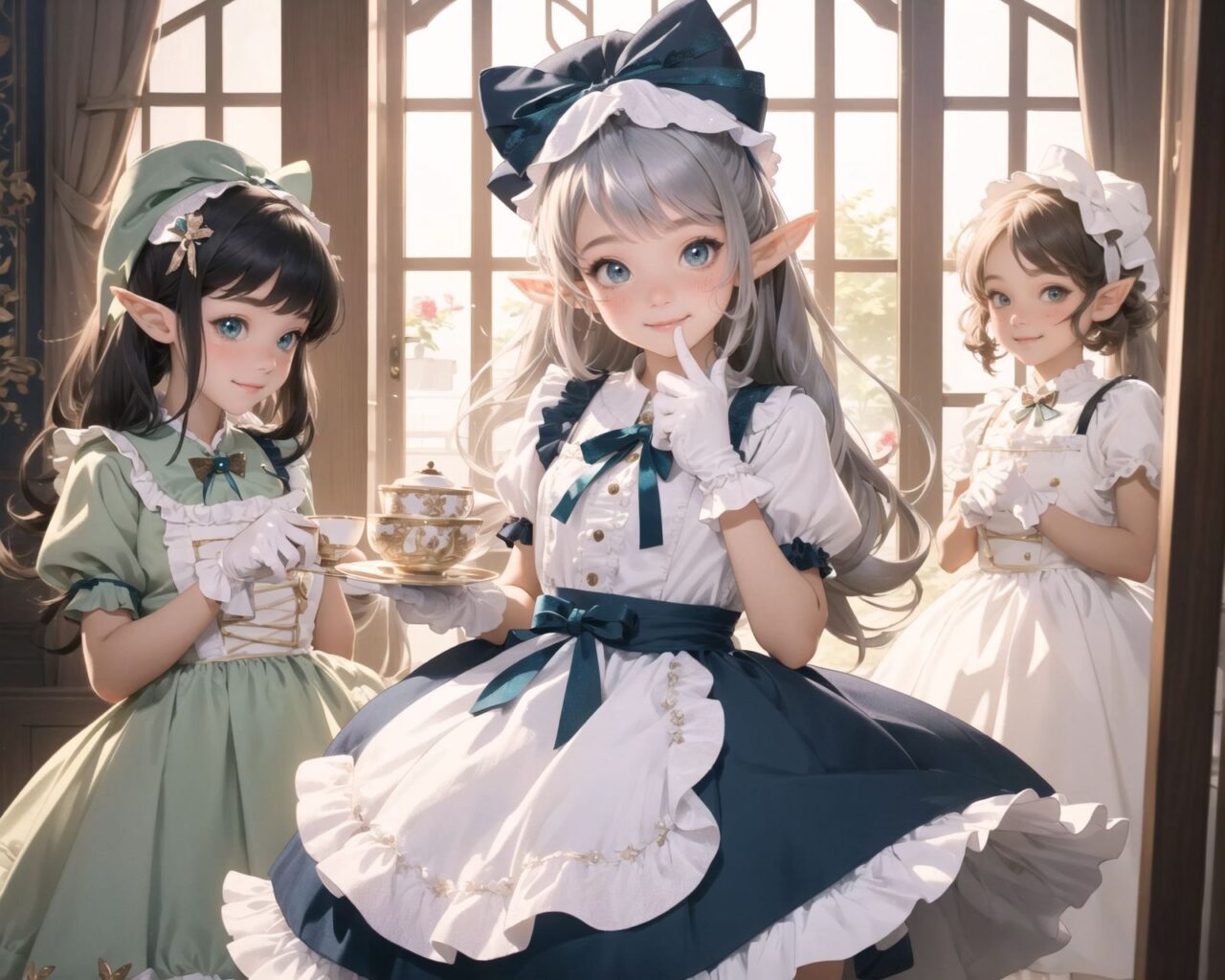 (four Adorable and charming lolita elf girls:1.6), 
innocent and youthful expression, gentle smile with soft blushing cheeks, shy yet endearing demeanor,

cute and embarrassed idol smile,

deep dark blue-green eyes sparkling with purity,
silvery hair, stylishly cut short, delicately flowing strands,

facing the camera, making eye contact, exuding childlike wonder,

cute and natural posture, youthful and graceful,

flirtatious and innocent eyes, perfect blend of innocence and enchantment,
quintessential kawaii girl,

enjoying a picturesque tea party in a magical garden with colorful flowers, ornate furniture, and delicate teacups. The girls have innocent and youthful expressions, with gentle smiles and soft blushing cheeks, displaying a shy yet endearing demeanor. They wear elegant black and white lace dresses with intricate patterns, ribbons, and frills, paired with over-the-knee socks, frilly headbands, petticoats for extra volume, lace gloves, aprons with frills, and frilled short boots.

Each girl has deep dark blue-green eyes sparkling with purity and silvery hair stylishly cut short, with delicately flowing strands. They face the camera, making eye contact, exuding childlike wonder, and giving cute and embarrassed idol smiles. Their poses are cute and natural, youthful and graceful, with flirtatious and innocent eyes, embodying the quintessential kawaii girl.


The image is in ultra-high resolution, capturing every detail from the individual strands of their hair to the intricate lace and fabrics of their costumes. The professional-grade clarity and contrast bring vibrant colors to life, making the scene vivid and detailed.