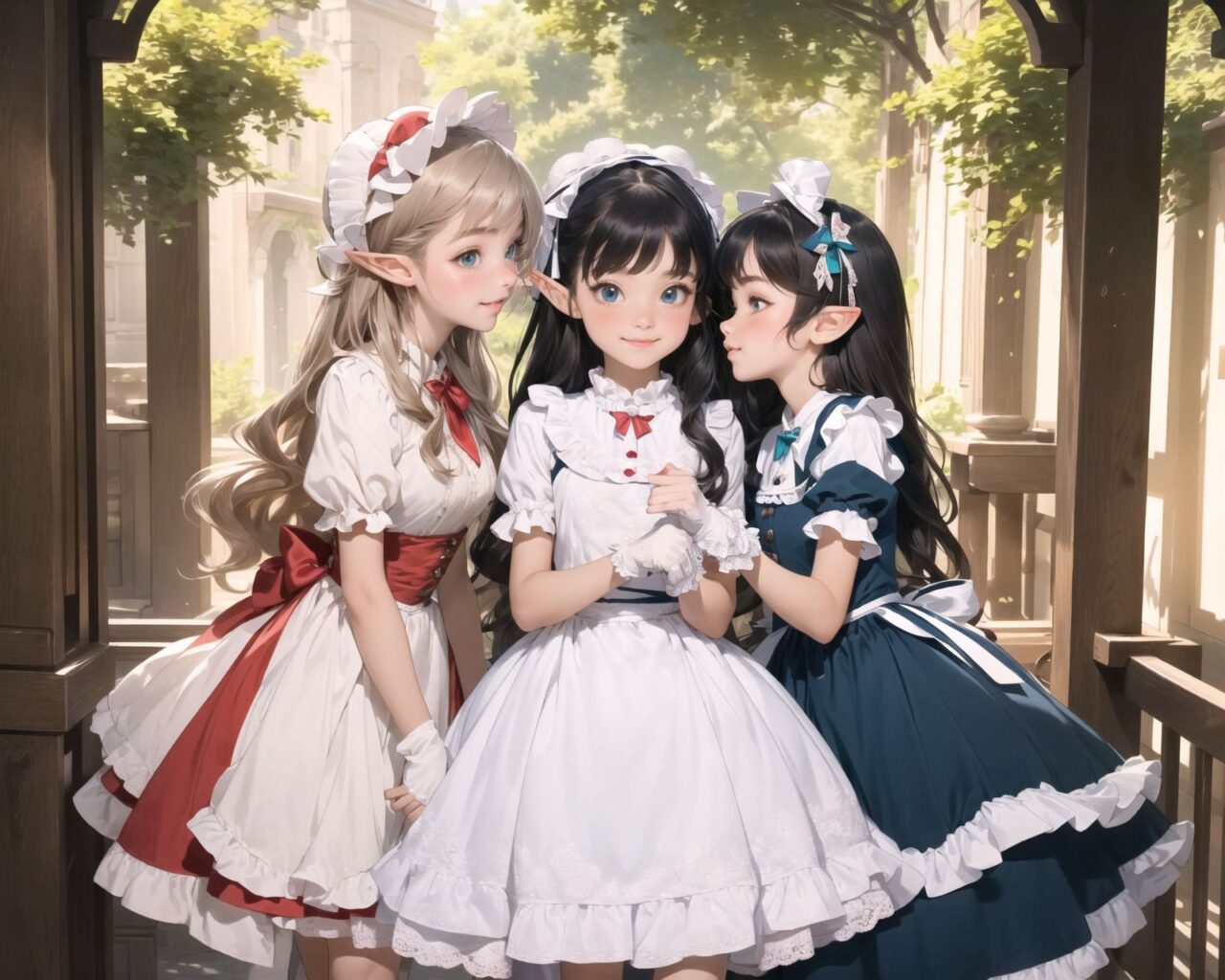 (four Adorable and charming lolita elf girls:1.6), 
innocent and youthful expression, gentle smile with soft blushing cheeks, shy yet endearing demeanor,

cute and embarrassed idol smile,

deep dark blue-green eyes sparkling with purity,
silvery hair, stylishly cut short, delicately flowing strands,

facing the camera, making eye contact, exuding childlike wonder,

cute and natural posture, youthful and graceful,

flirtatious and innocent eyes, perfect blend of innocence and enchantment,
quintessential kawaii girl,

enjoying a picturesque tea party in a magical garden with colorful flowers, ornate furniture, and delicate teacups. The girls have innocent and youthful expressions, with gentle smiles and soft blushing cheeks, displaying a shy yet endearing demeanor. They wear elegant black and white lace dresses with intricate patterns, ribbons, and frills, paired with over-the-knee socks, frilly headbands, petticoats for extra volume, lace gloves, aprons with frills, and frilled short boots.

Each girl has deep dark blue-green eyes sparkling with purity and silvery hair stylishly cut short, with delicately flowing strands. They face the camera, making eye contact, exuding childlike wonder, and giving cute and embarrassed idol smiles. Their poses are cute and natural, youthful and graceful, with flirtatious and innocent eyes, embodying the quintessential kawaii girl.


The image is in ultra-high resolution, capturing every detail from the individual strands of their hair to the intricate lace and fabrics of their costumes. The professional-grade clarity and contrast bring vibrant colors to life, making the scene vivid and detailed.