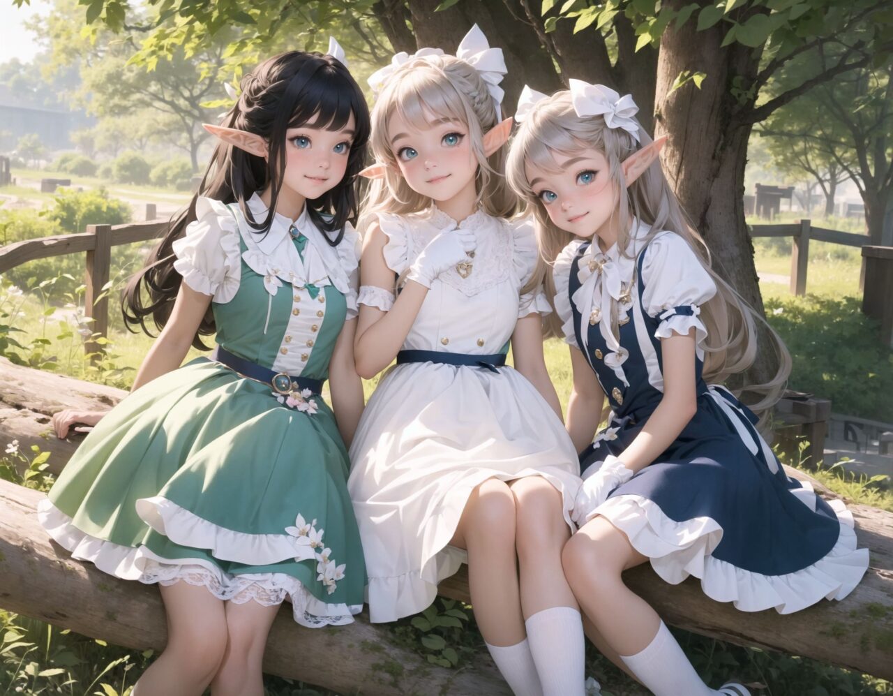 (four Adorable and charming lolita elf girls:1.6), 
innocent and youthful expression, gentle smile with soft blushing cheeks, shy yet endearing demeanor,

cute and embarrassed idol smile,

deep dark blue-green eyes sparkling with purity,
silvery hair, stylishly cut short, delicately flowing strands,

facing the camera, making eye contact, exuding childlike wonder,

cute and natural posture, youthful and graceful,

flirtatious and innocent eyes, perfect blend of innocence and enchantment,
quintessential kawaii girl,

enjoying a picturesque tea party in a magical garden with colorful flowers, ornate furniture, and delicate teacups. The girls have innocent and youthful expressions, with gentle smiles and soft blushing cheeks, displaying a shy yet endearing demeanor. They wear elegant black and white lace dresses with intricate patterns, ribbons, and frills, paired with over-the-knee socks, frilly headbands, petticoats for extra volume, lace gloves, aprons with frills, and frilled short boots.

Each girl has deep dark blue-green eyes sparkling with purity and silvery hair stylishly cut short, with delicately flowing strands. They face the camera, making eye contact, exuding childlike wonder, and giving cute and embarrassed idol smiles. Their poses are cute and natural, youthful and graceful, with flirtatious and innocent eyes, embodying the quintessential kawaii girl.


The image is in ultra-high resolution, capturing every detail from the individual strands of their hair to the intricate lace and fabrics of their costumes. The professional-grade clarity and contrast bring vibrant colors to life, making the scene vivid and detailed.