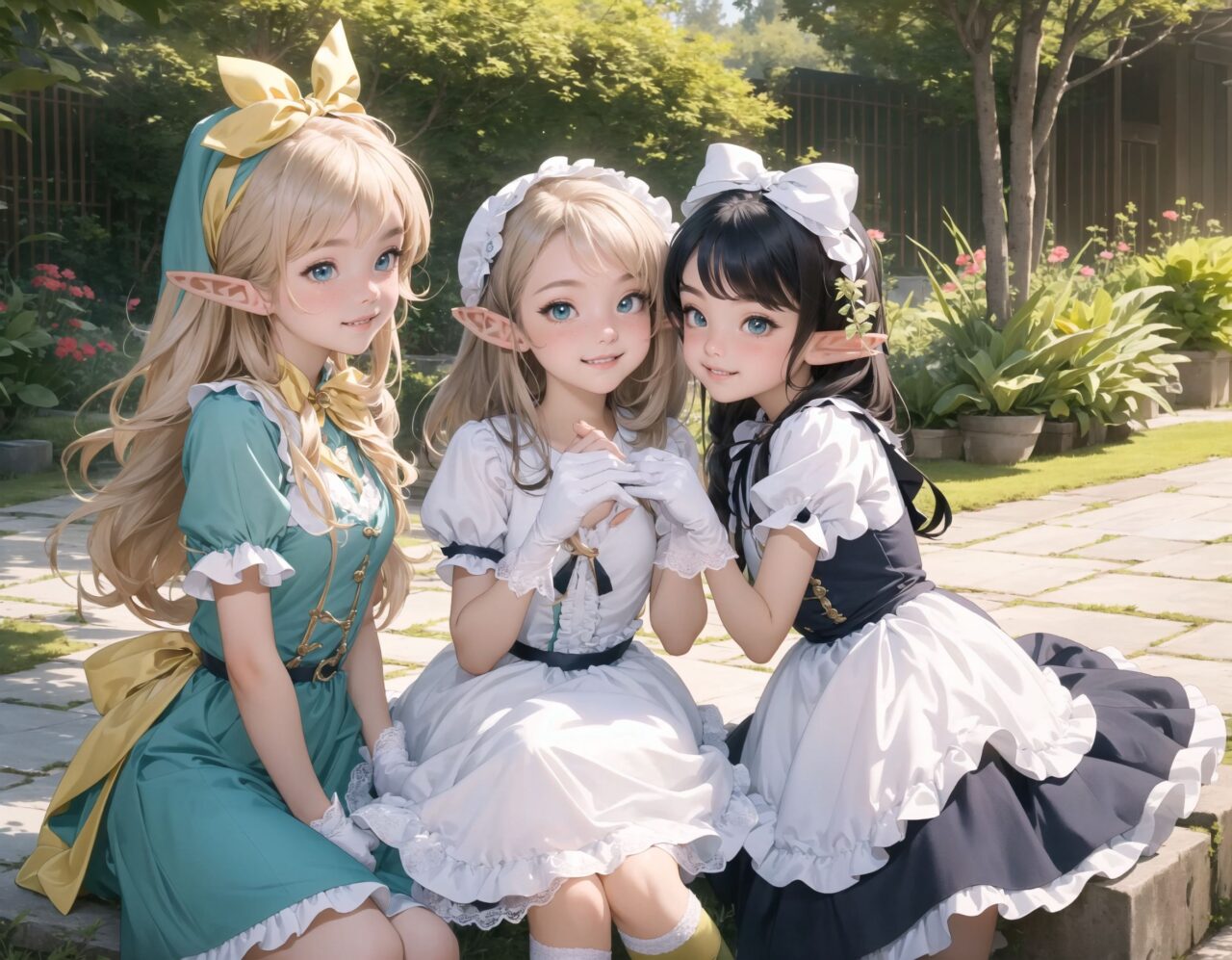 (four Adorable and charming lolita elf girls:1.6), 
innocent and youthful expression, gentle smile with soft blushing cheeks, shy yet endearing demeanor,

cute and embarrassed idol smile,

deep dark blue-green eyes sparkling with purity,
silvery hair, stylishly cut short, delicately flowing strands,

facing the camera, making eye contact, exuding childlike wonder,

cute and natural posture, youthful and graceful,

flirtatious and innocent eyes, perfect blend of innocence and enchantment,
quintessential kawaii girl,

enjoying a picturesque tea party in a magical garden with colorful flowers, ornate furniture, and delicate teacups. The girls have innocent and youthful expressions, with gentle smiles and soft blushing cheeks, displaying a shy yet endearing demeanor. They wear elegant black and white lace dresses with intricate patterns, ribbons, and frills, paired with over-the-knee socks, frilly headbands, petticoats for extra volume, lace gloves, aprons with frills, and frilled short boots.

Each girl has deep dark blue-green eyes sparkling with purity and silvery hair stylishly cut short, with delicately flowing strands. They face the camera, making eye contact, exuding childlike wonder, and giving cute and embarrassed idol smiles. Their poses are cute and natural, youthful and graceful, with flirtatious and innocent eyes, embodying the quintessential kawaii girl.


The image is in ultra-high resolution, capturing every detail from the individual strands of their hair to the intricate lace and fabrics of their costumes. The professional-grade clarity and contrast bring vibrant colors to life, making the scene vivid and detailed.