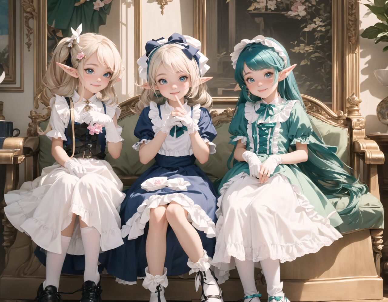 (four Adorable and charming lolita elf girls:1.6), 
innocent and youthful expression, gentle smile with soft blushing cheeks, shy yet endearing demeanor,

cute and embarrassed idol smile,

deep dark blue-green eyes sparkling with purity,
silvery hair, stylishly cut short, delicately flowing strands,

facing the camera, making eye contact, exuding childlike wonder,

cute and natural posture, youthful and graceful,

flirtatious and innocent eyes, perfect blend of innocence and enchantment,
quintessential kawaii girl,

enjoying a picturesque tea party in a magical garden with colorful flowers, ornate furniture, and delicate teacups. The girls have innocent and youthful expressions, with gentle smiles and soft blushing cheeks, displaying a shy yet endearing demeanor. They wear elegant black and white lace dresses with intricate patterns, ribbons, and frills, paired with over-the-knee socks, frilly headbands, petticoats for extra volume, lace gloves, aprons with frills, and frilled short boots.

Each girl has deep dark blue-green eyes sparkling with purity and silvery hair stylishly cut short, with delicately flowing strands. They face the camera, making eye contact, exuding childlike wonder, and giving cute and embarrassed idol smiles. Their poses are cute and natural, youthful and graceful, with flirtatious and innocent eyes, embodying the quintessential kawaii girl.


The image is in ultra-high resolution, capturing every detail from the individual strands of their hair to the intricate lace and fabrics of their costumes. The professional-grade clarity and contrast bring vibrant colors to life, making the scene vivid and detailed.