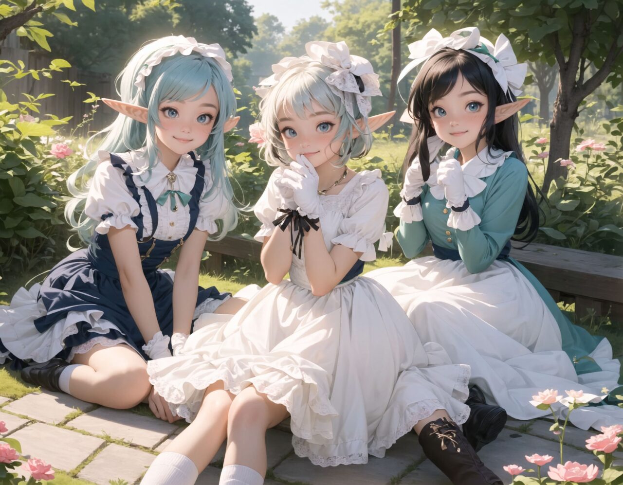 (four Adorable and charming lolita elf girls:1.6), 
innocent and youthful expression, gentle smile with soft blushing cheeks, shy yet endearing demeanor,

cute and embarrassed idol smile,

deep dark blue-green eyes sparkling with purity,
silvery hair, stylishly cut short, delicately flowing strands,

facing the camera, making eye contact, exuding childlike wonder,

cute and natural posture, youthful and graceful,

flirtatious and innocent eyes, perfect blend of innocence and enchantment,
quintessential kawaii girl,

enjoying a picturesque tea party in a magical garden with colorful flowers, ornate furniture, and delicate teacups. The girls have innocent and youthful expressions, with gentle smiles and soft blushing cheeks, displaying a shy yet endearing demeanor. They wear elegant black and white lace dresses with intricate patterns, ribbons, and frills, paired with over-the-knee socks, frilly headbands, petticoats for extra volume, lace gloves, aprons with frills, and frilled short boots.

Each girl has deep dark blue-green eyes sparkling with purity and silvery hair stylishly cut short, with delicately flowing strands. They face the camera, making eye contact, exuding childlike wonder, and giving cute and embarrassed idol smiles. Their poses are cute and natural, youthful and graceful, with flirtatious and innocent eyes, embodying the quintessential kawaii girl.


The image is in ultra-high resolution, capturing every detail from the individual strands of their hair to the intricate lace and fabrics of their costumes. The professional-grade clarity and contrast bring vibrant colors to life, making the scene vivid and detailed.