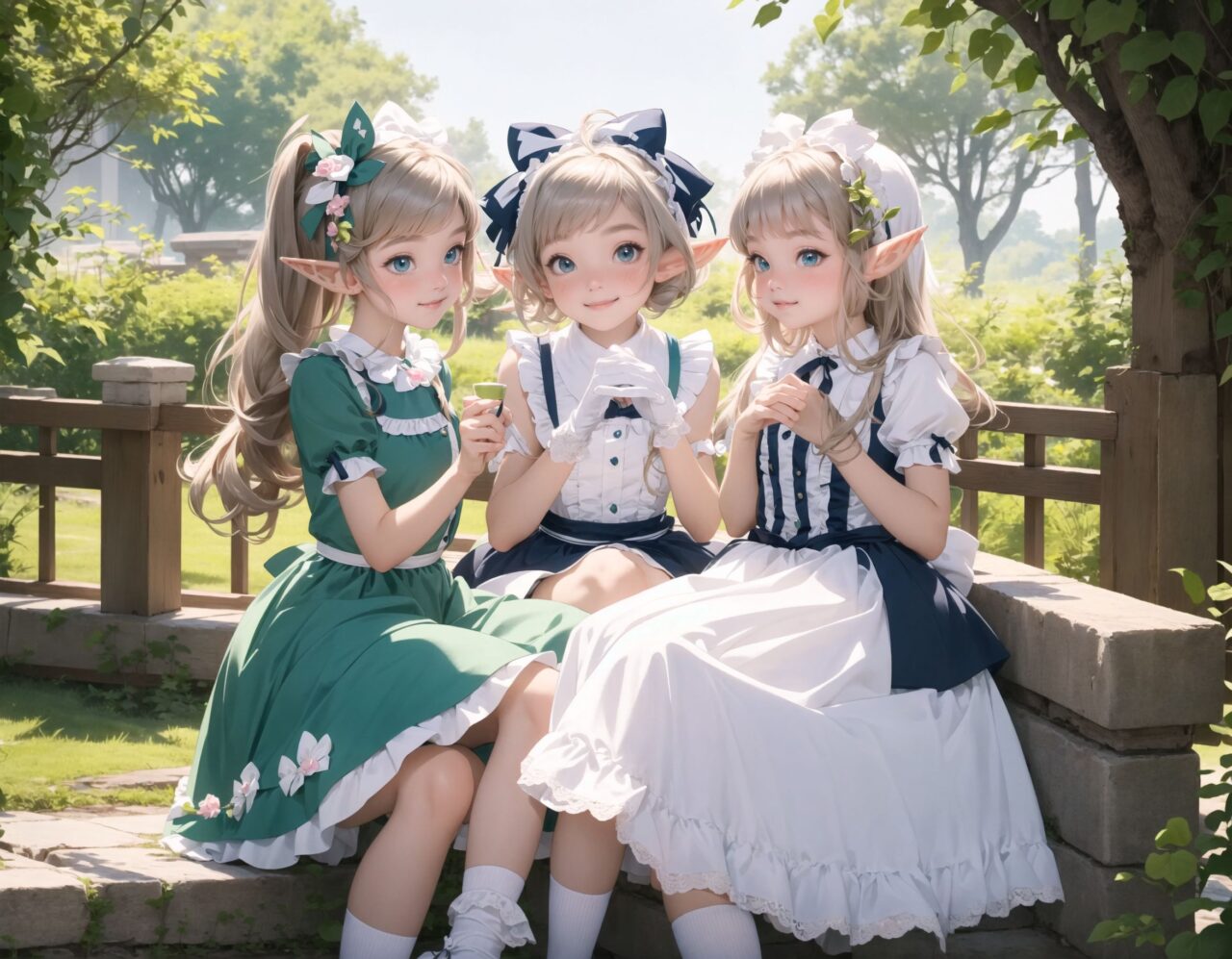 (four Adorable and charming lolita elf girls:1.6), 
innocent and youthful expression, gentle smile with soft blushing cheeks, shy yet endearing demeanor,

cute and embarrassed idol smile,

deep dark blue-green eyes sparkling with purity,
silvery hair, stylishly cut short, delicately flowing strands,

facing the camera, making eye contact, exuding childlike wonder,

cute and natural posture, youthful and graceful,

flirtatious and innocent eyes, perfect blend of innocence and enchantment,
quintessential kawaii girl,

enjoying a picturesque tea party in a magical garden with colorful flowers, ornate furniture, and delicate teacups. The girls have innocent and youthful expressions, with gentle smiles and soft blushing cheeks, displaying a shy yet endearing demeanor. They wear elegant black and white lace dresses with intricate patterns, ribbons, and frills, paired with over-the-knee socks, frilly headbands, petticoats for extra volume, lace gloves, aprons with frills, and frilled short boots.

Each girl has deep dark blue-green eyes sparkling with purity and silvery hair stylishly cut short, with delicately flowing strands. They face the camera, making eye contact, exuding childlike wonder, and giving cute and embarrassed idol smiles. Their poses are cute and natural, youthful and graceful, with flirtatious and innocent eyes, embodying the quintessential kawaii girl.


The image is in ultra-high resolution, capturing every detail from the individual strands of their hair to the intricate lace and fabrics of their costumes. The professional-grade clarity and contrast bring vibrant colors to life, making the scene vivid and detailed.