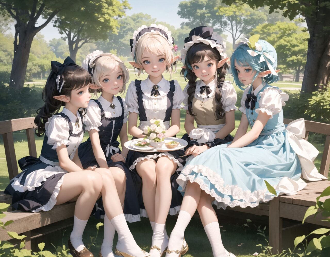 (four Adorable and charming lolita elf girls:1.6), 
innocent and youthful expression, gentle smile with soft blushing cheeks, shy yet endearing demeanor,

cute and embarrassed idol smile,

deep dark blue-green eyes sparkling with purity,
silvery hair, stylishly cut short, delicately flowing strands,

facing the camera, making eye contact, exuding childlike wonder,

cute and natural posture, youthful and graceful,

flirtatious and innocent eyes, perfect blend of innocence and enchantment,
quintessential kawaii girl,

enjoying a picturesque tea party in a magical garden with colorful flowers, ornate furniture, and delicate teacups. The girls have innocent and youthful expressions, with gentle smiles and soft blushing cheeks, displaying a shy yet endearing demeanor. They wear elegant black and white lace dresses with intricate patterns, ribbons, and frills, paired with over-the-knee socks, frilly headbands, petticoats for extra volume, lace gloves, aprons with frills, and frilled short boots.

Each girl has deep dark blue-green eyes sparkling with purity and silvery hair stylishly cut short, with delicately flowing strands. They face the camera, making eye contact, exuding childlike wonder, and giving cute and embarrassed idol smiles. Their poses are cute and natural, youthful and graceful, with flirtatious and innocent eyes, embodying the quintessential kawaii girl.


The image is in ultra-high resolution, capturing every detail from the individual strands of their hair to the intricate lace and fabrics of their costumes. The professional-grade clarity and contrast bring vibrant colors to life, making the scene vivid and detailed.