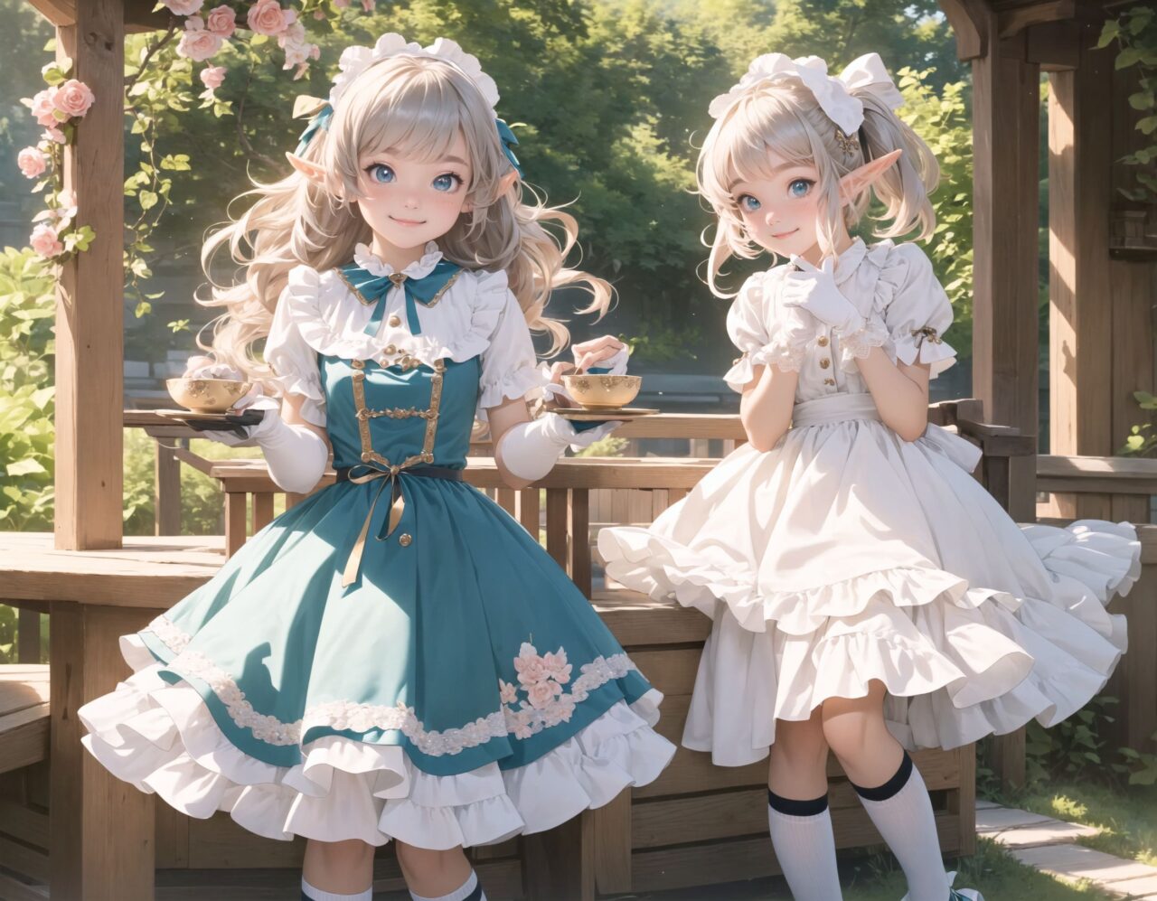 (four Adorable and charming lolita elf girls:1.6), 
innocent and youthful expression, gentle smile with soft blushing cheeks, shy yet endearing demeanor,

cute and embarrassed idol smile,

deep dark blue-green eyes sparkling with purity,
silvery hair, stylishly cut short, delicately flowing strands,

facing the camera, making eye contact, exuding childlike wonder,

cute and natural posture, youthful and graceful,

flirtatious and innocent eyes, perfect blend of innocence and enchantment,
quintessential kawaii girl,

enjoying a picturesque tea party in a magical garden with colorful flowers, ornate furniture, and delicate teacups. The girls have innocent and youthful expressions, with gentle smiles and soft blushing cheeks, displaying a shy yet endearing demeanor. They wear elegant black and white lace dresses with intricate patterns, ribbons, and frills, paired with over-the-knee socks, frilly headbands, petticoats for extra volume, lace gloves, aprons with frills, and frilled short boots.

Each girl has deep dark blue-green eyes sparkling with purity and silvery hair stylishly cut short, with delicately flowing strands. They face the camera, making eye contact, exuding childlike wonder, and giving cute and embarrassed idol smiles. Their poses are cute and natural, youthful and graceful, with flirtatious and innocent eyes, embodying the quintessential kawaii girl.


The image is in ultra-high resolution, capturing every detail from the individual strands of their hair to the intricate lace and fabrics of their costumes. The professional-grade clarity and contrast bring vibrant colors to life, making the scene vivid and detailed.