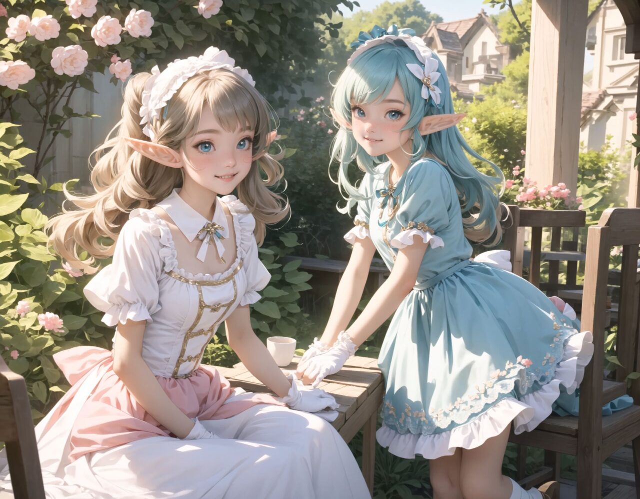 (four Adorable and charming lolita elf girls:1.6), 
innocent and youthful expression, gentle smile with soft blushing cheeks, shy yet endearing demeanor,

cute and embarrassed idol smile,

deep dark blue-green eyes sparkling with purity,
silvery hair, stylishly cut short, delicately flowing strands,

facing the camera, making eye contact, exuding childlike wonder,

cute and natural posture, youthful and graceful,

flirtatious and innocent eyes, perfect blend of innocence and enchantment,
quintessential kawaii girl,

enjoying a picturesque tea party in a magical garden with colorful flowers, ornate furniture, and delicate teacups. The girls have innocent and youthful expressions, with gentle smiles and soft blushing cheeks, displaying a shy yet endearing demeanor. They wear elegant black and white lace dresses with intricate patterns, ribbons, and frills, paired with over-the-knee socks, frilly headbands, petticoats for extra volume, lace gloves, aprons with frills, and frilled short boots.

Each girl has deep dark blue-green eyes sparkling with purity and silvery hair stylishly cut short, with delicately flowing strands. They face the camera, making eye contact, exuding childlike wonder, and giving cute and embarrassed idol smiles. Their poses are cute and natural, youthful and graceful, with flirtatious and innocent eyes, embodying the quintessential kawaii girl.


The image is in ultra-high resolution, capturing every detail from the individual strands of their hair to the intricate lace and fabrics of their costumes. The professional-grade clarity and contrast bring vibrant colors to life, making the scene vivid and detailed.