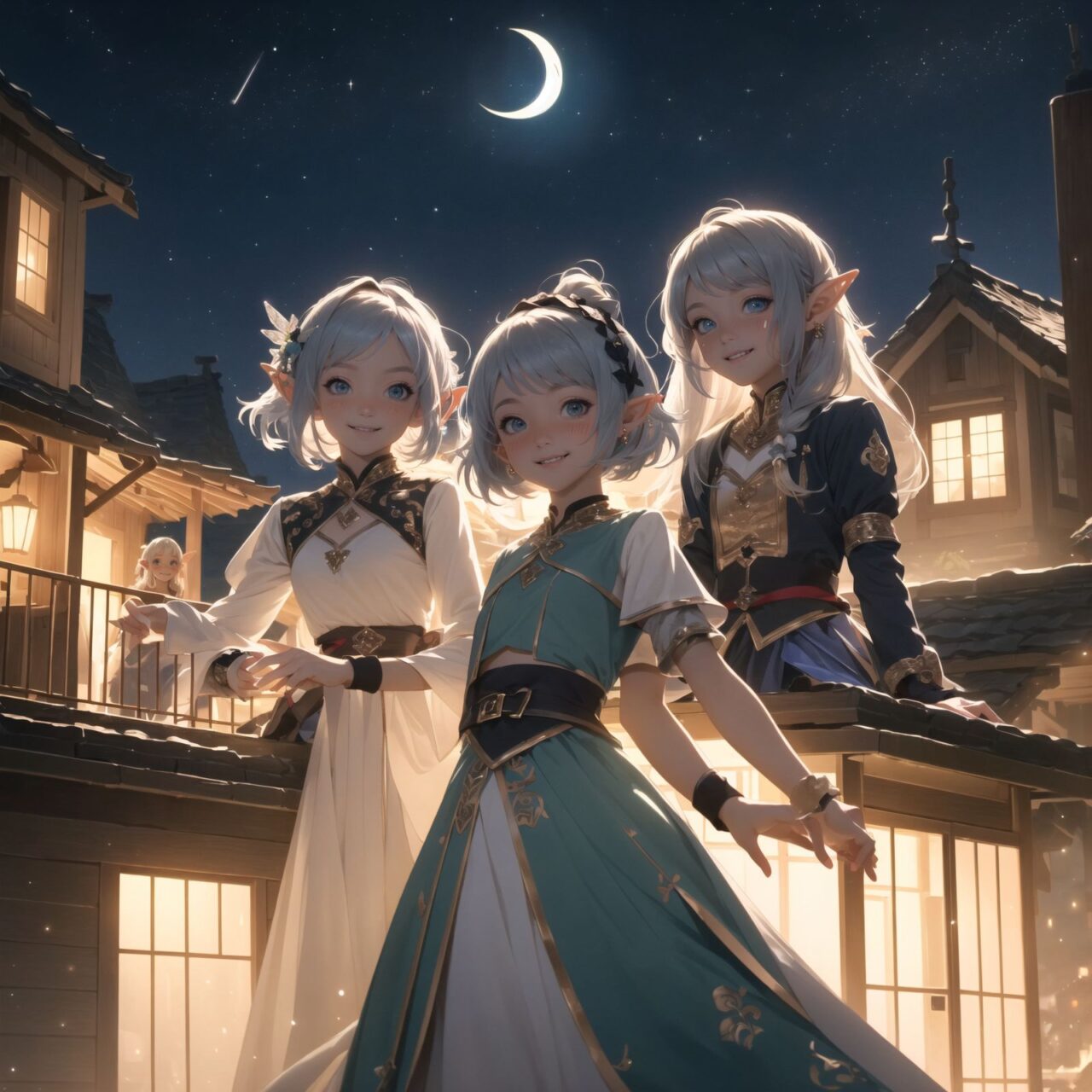 (Dark but beautiful night background:1.8), 
(four naive age 12 elf girls:1.4), 
(play house with friends:1.4), wide shot, 
(Fantasy world), 
(Innocent, youthful expression, gentle smile, blushing soft cheeks, shy attitude:1.3), 
shy Idol smile, 

Blue-grey hair, Stylish short cut, delicate hair flow, 

Fantastic forests full of life, 
(All life is gathered together), 
(Colourful fairies flit about:1.2), 
(adds to the loveliness of the scene:1.4), 

Focus on face, shallow depth of field, (f/1.2 lens:1.2), high resolution, depth blur,